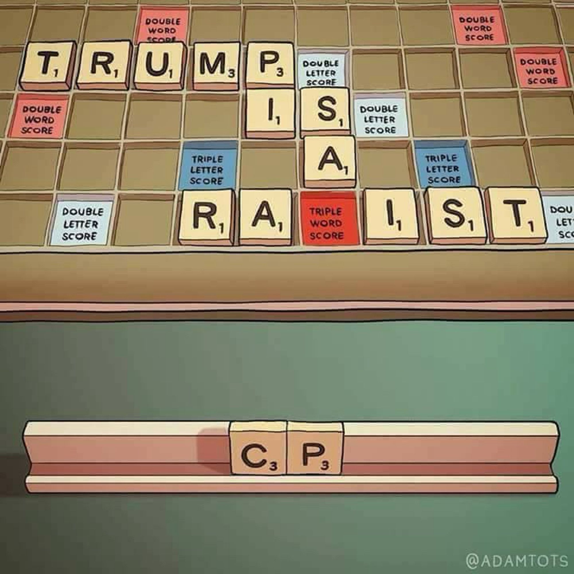 A cartoon illustration of a Scrabble board with the words:

TRUMP
           IS
            A
       RA_IST

with the remaining letter tiles on the tile rack being “C” and “P”