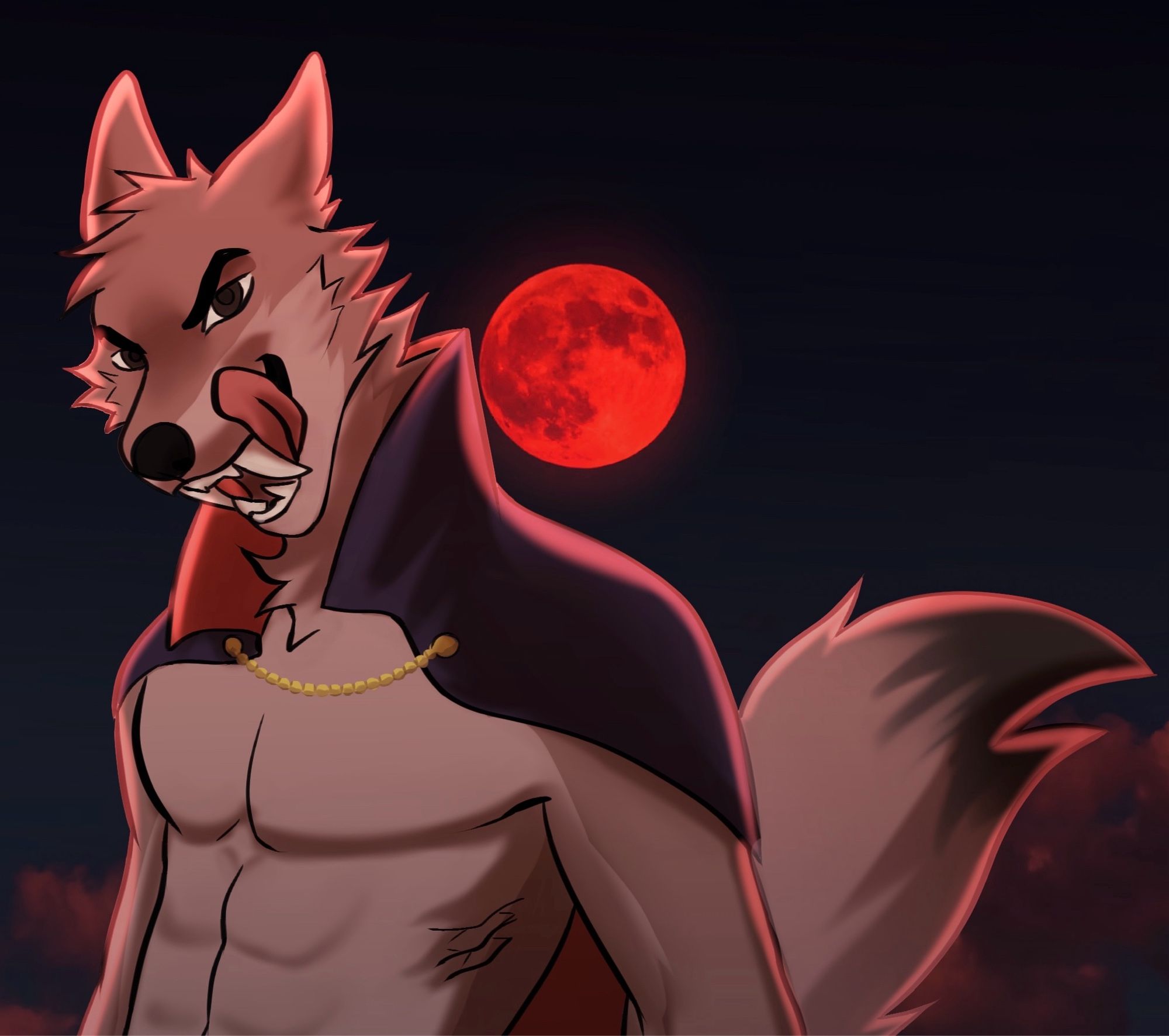 Soma standing in front of a blood red moon, fangs extra large, licking his lips and smiling menacingly at the viewer. also he's shirtless except one of those little vampire capes