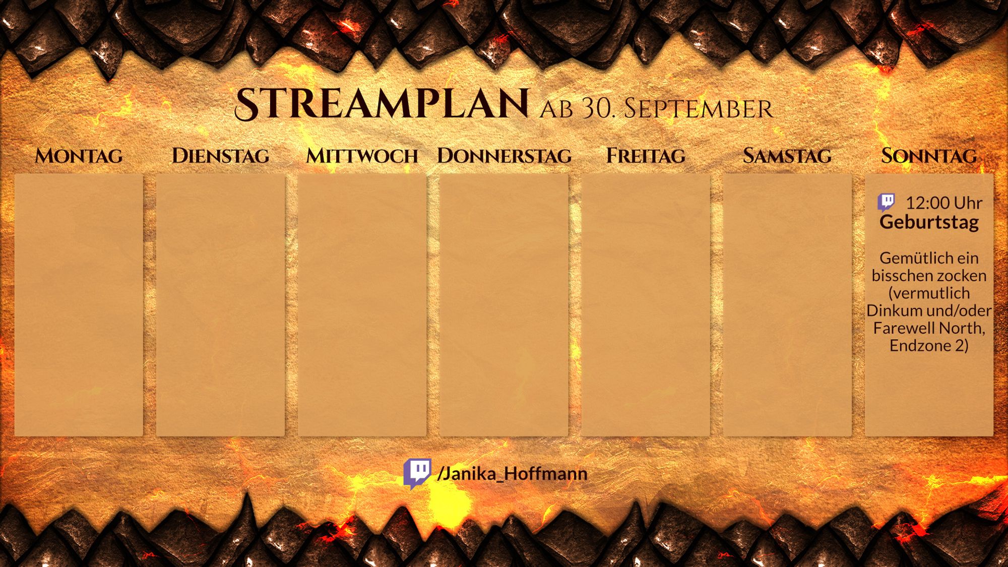 Streamplan für den Twitch-Kanal Janika_Hoffmann für die Woche ab 30. September.
Sonntag, 12 Uhr. Geburtstag. Gemütlich ein bisschen zocken (vermutlich Dinkum und/oder Farewell North, Endzone 2)