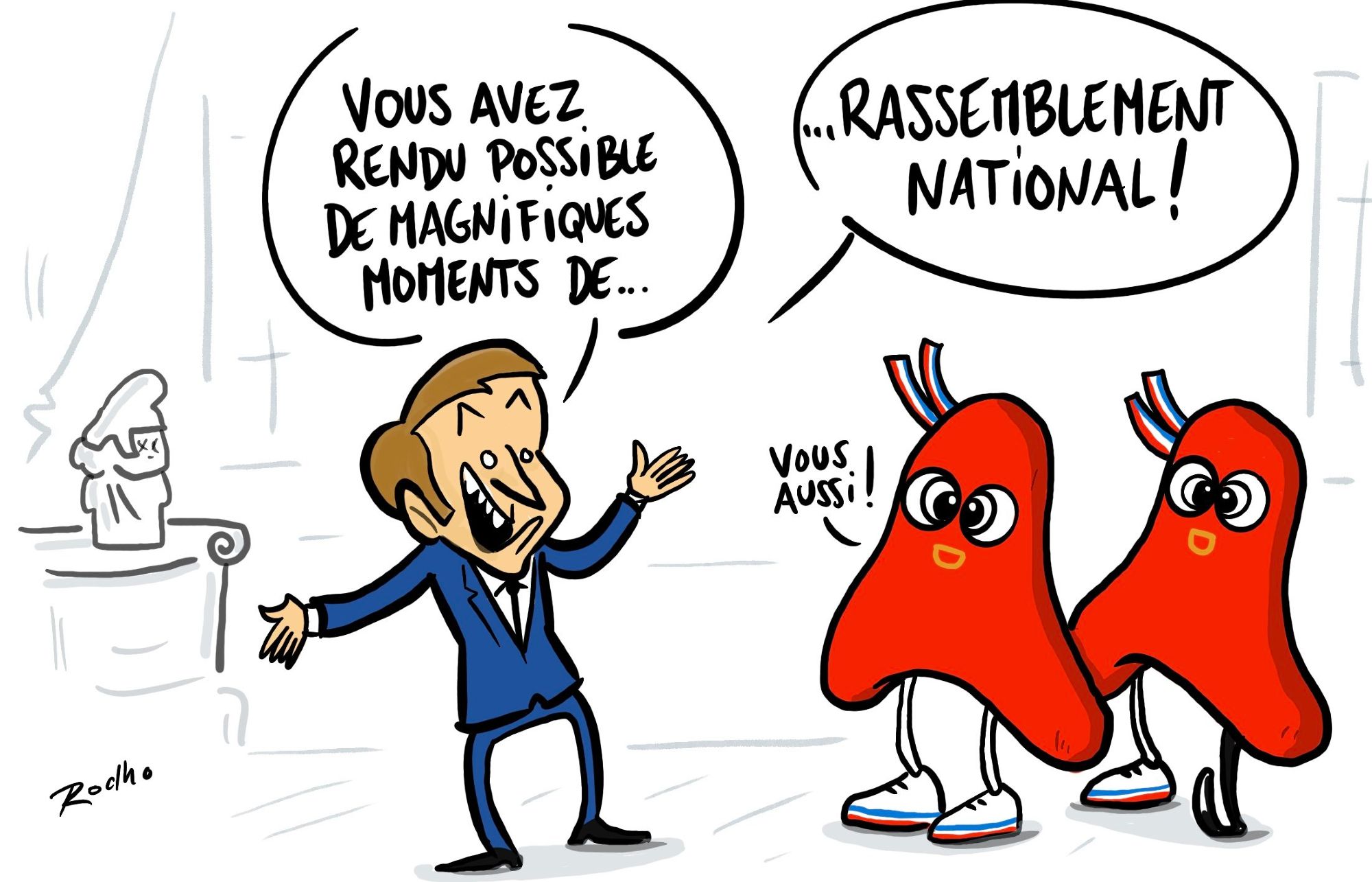 Macron s'adresse aux mascottes olympiques de Paris 2024 : « Vous avez rendu possible de magnifiques moments de... Rassemblement national ! ».
Elles répondent : « Vous aussi !»