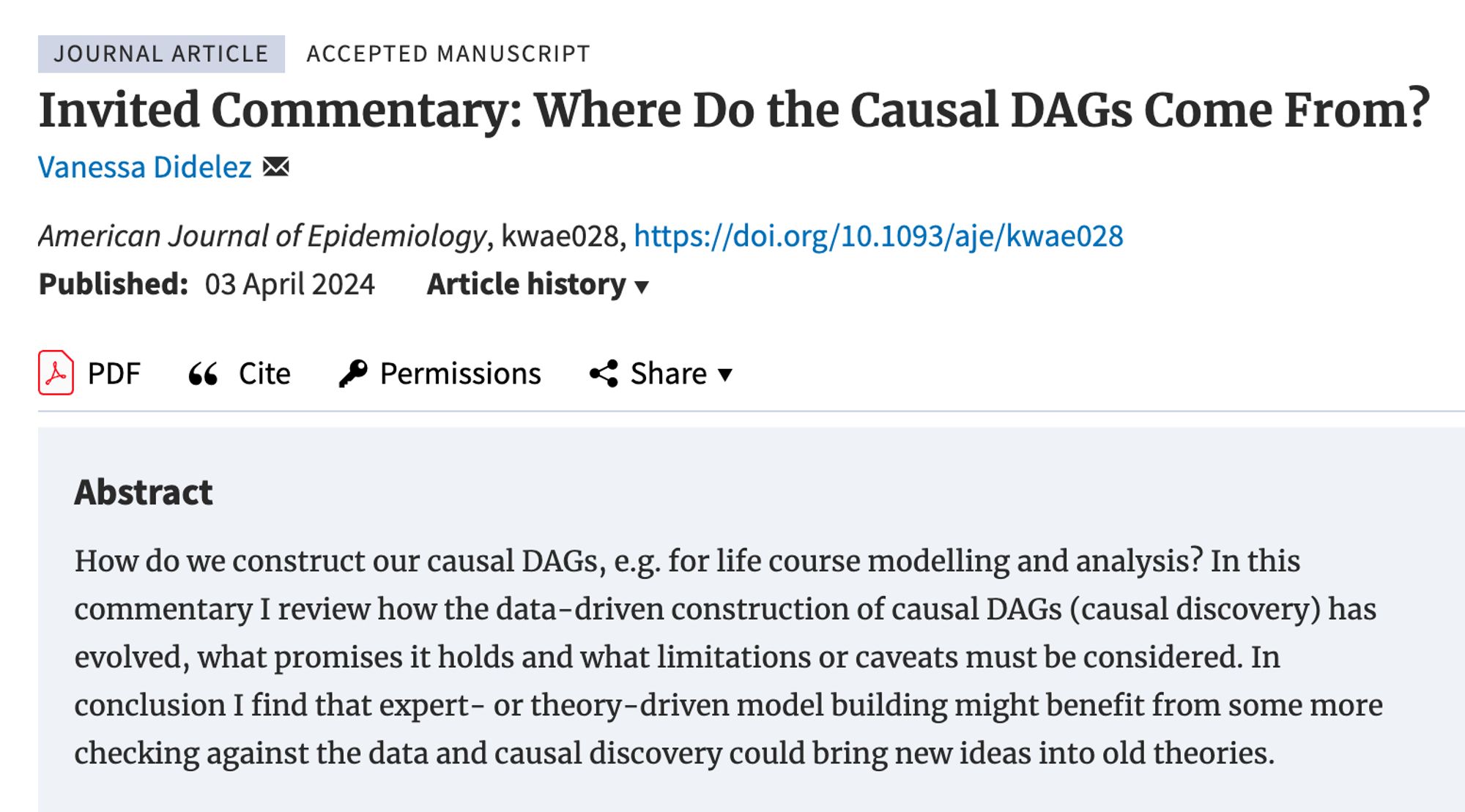 Invited Commentary: Where Do the Causal DAGs Come From?

Abstract
How do we construct our causal DAGs, e.g. for life course modelling and analysis? In this commentary I review how the data-driven construction of causal DAGs (causal discovery) has evolved, what promises it holds and what limitations or caveats must be considered. In conclusion I find that expert- or theory-driven model building might benefit from some more checking against the data and causal discovery could bring new ideas into old theories.