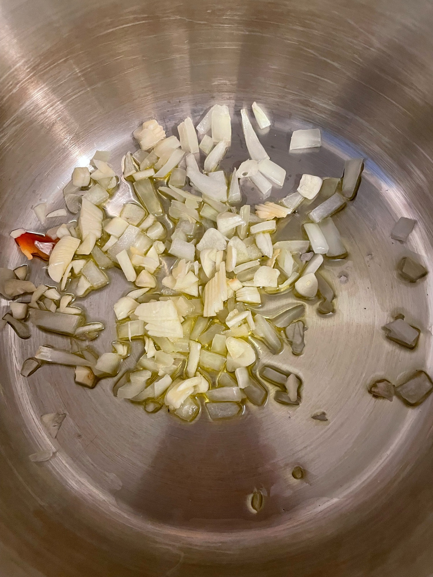 Chopped onion and garlic in the bottom of a pot. 