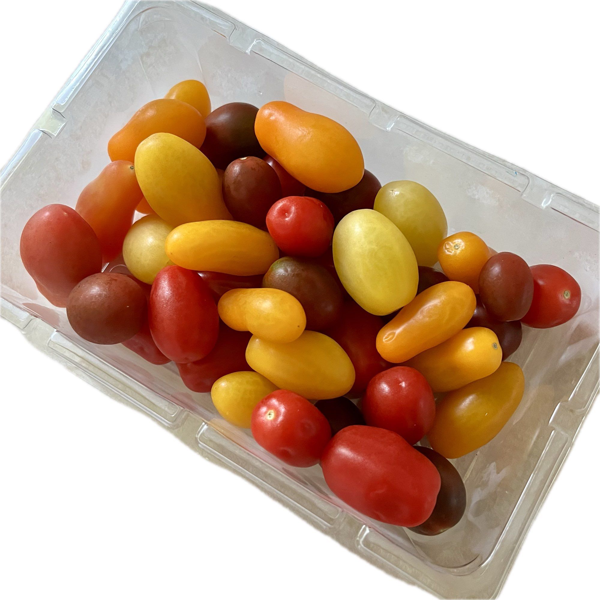 A box of small colourful tomatoes 