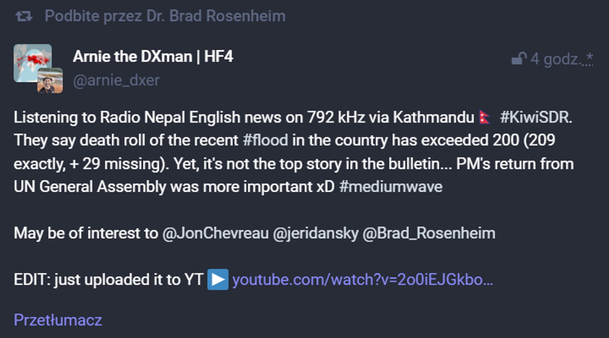 Screenshot of my Mastodon post about Radio Nepal, with a note of bump/share by Dr. Brad Rosenheim.