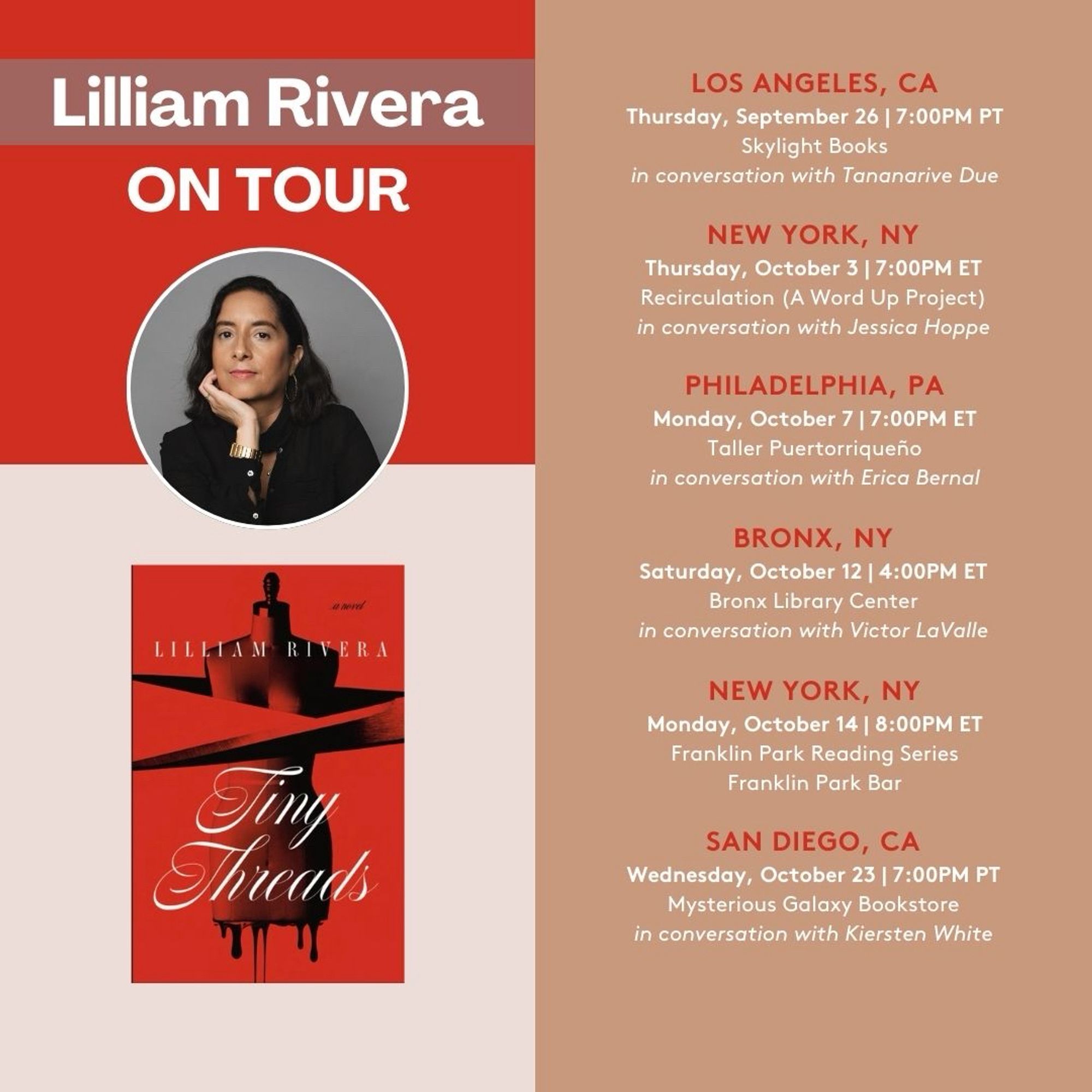 Tour card of Lilliam Rivera book events for Tiny Threads