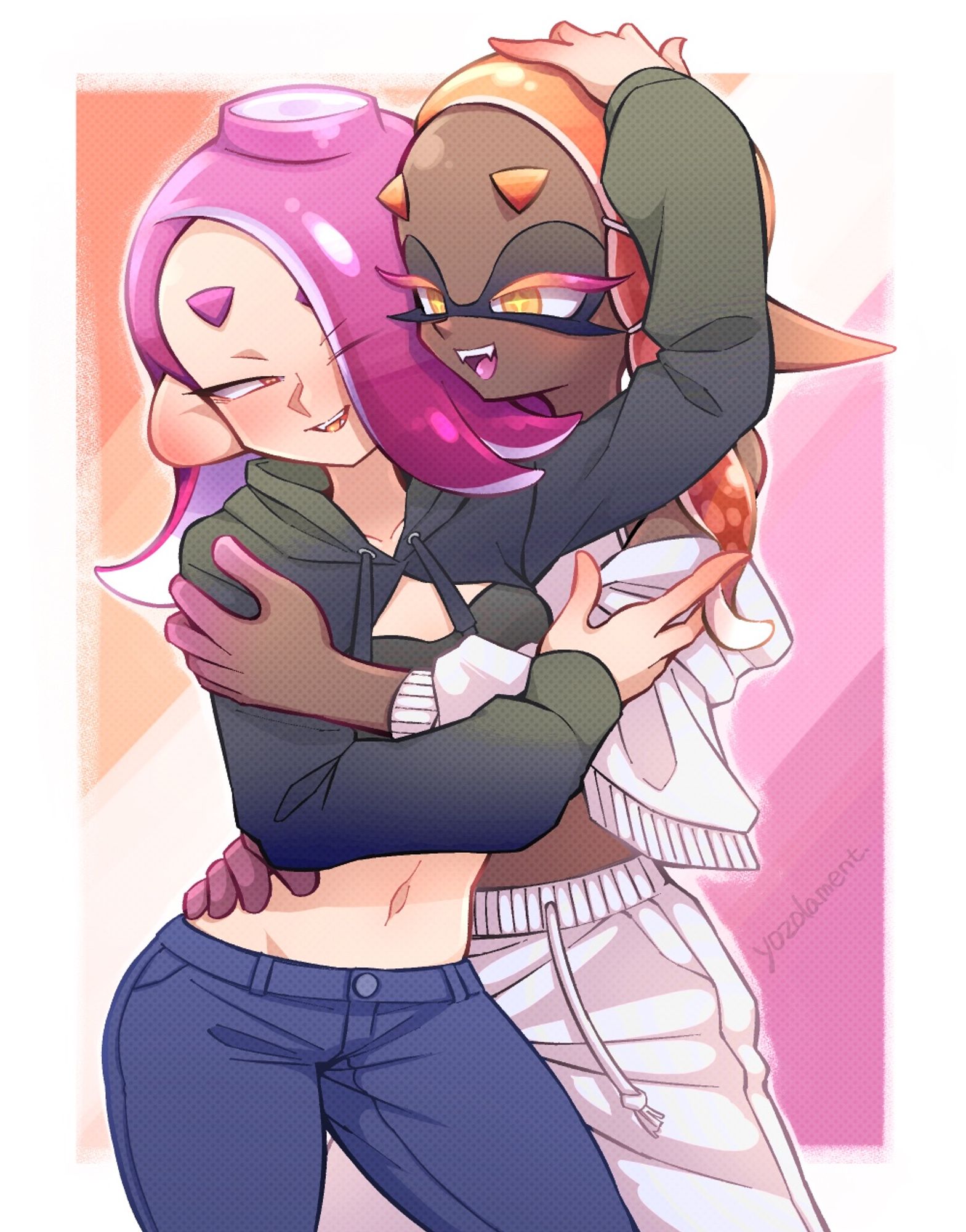 splatoon fanart.
purple-haired Shiver and orange-haired Frye are hugging each other.
Illustration for Lesbian Visibility Week.