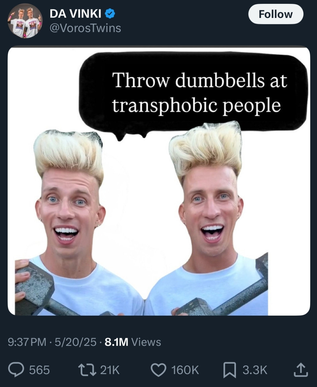 a tweet from the voros twins/da vinki twins with an image of them holding dubmbells saying "throw dumbbells at transphobic people