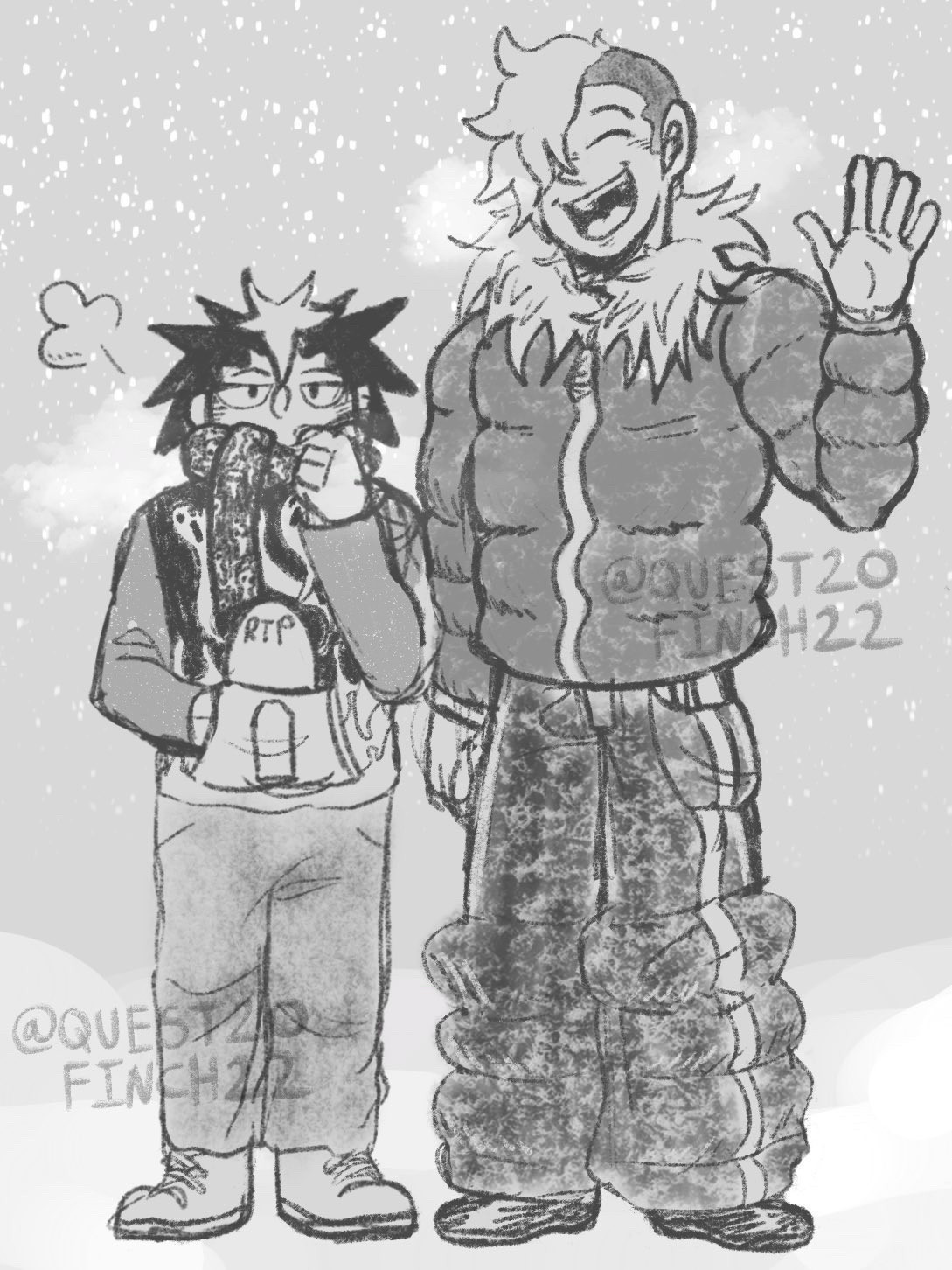 Grayscale. Darius and Leon posing for a photo in winter attire as it snows.