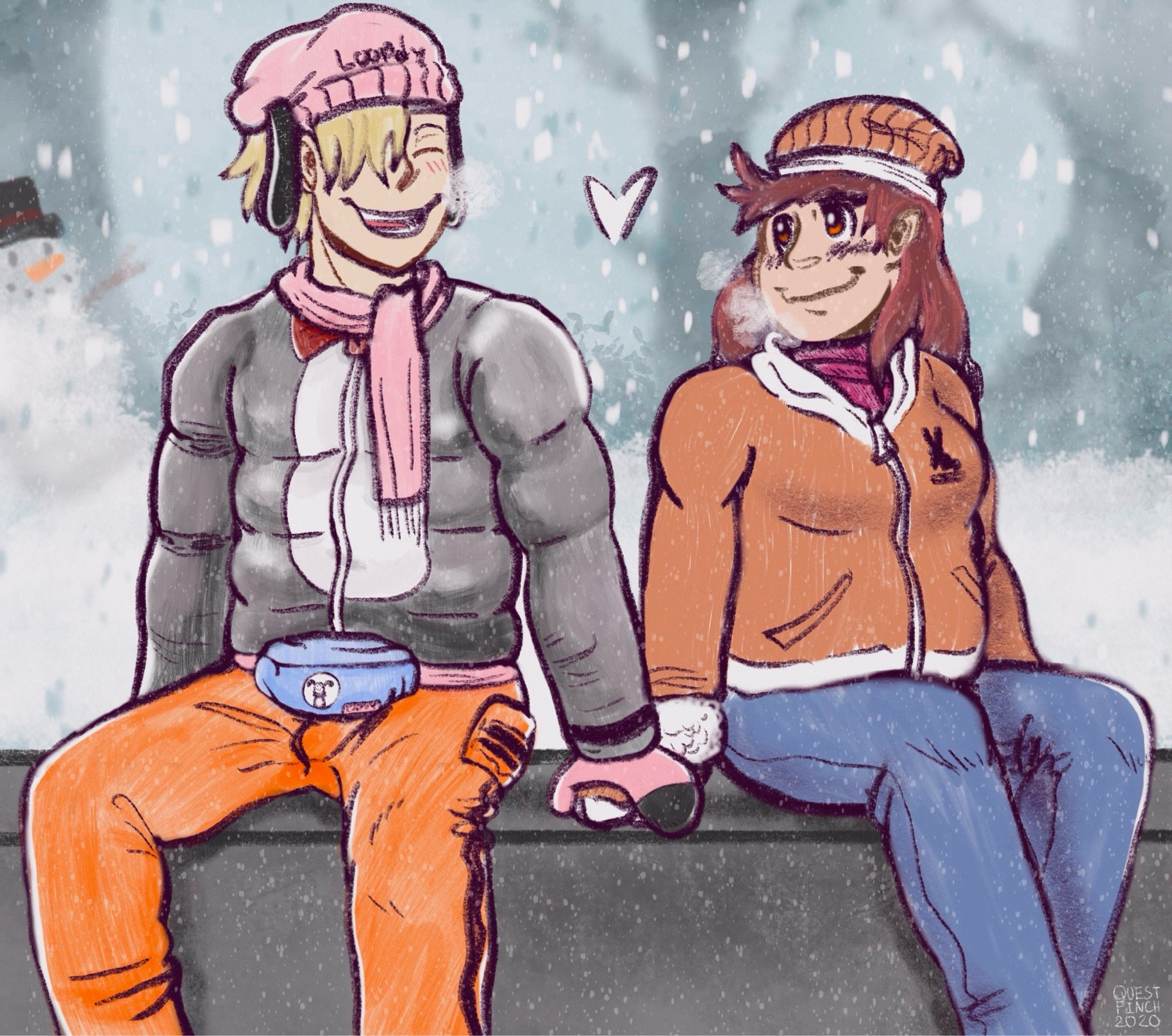 Leon and Mila sitting on short, concrete wall in winter clothes, smiling at each other; Leon’s hand on Mila’s. A snowman and trees are in the background. [Leon is wearing a beanie with droopy, black ears with “Loopy” is written on the front of it, a scarf and mittens, all pink, a black puffy jacket made to resemble the body of the (in universe) cartoon rabbit mascot, Loopy, and orange sweats with black stripes down the sides. Mila is in an all orange beanie and hoodie with jeans.]