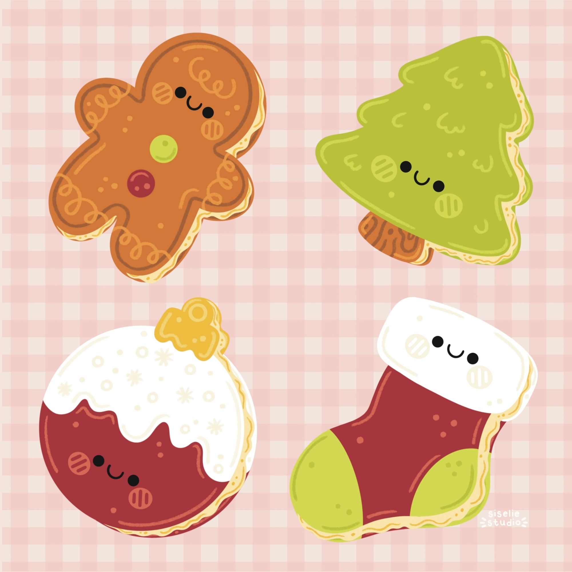 A digital illustration of 4 cute Christmas themed macarons. 

There is a gingerbreadman with cute curly details and a red and green candy button. 

A bright green Christmas tree with a brown trunk.

A red and round ornament with a white snowlike top with light cream stars and dots on it.  

And a red stocking with a green heel and toe and a white top. 

All macarons have a cute smiling face and big round cheeks. They are all leaning to the right and you can see the light yellow filling and the other side of the macarons. 

The macarons are placed on a light pink gingham background.