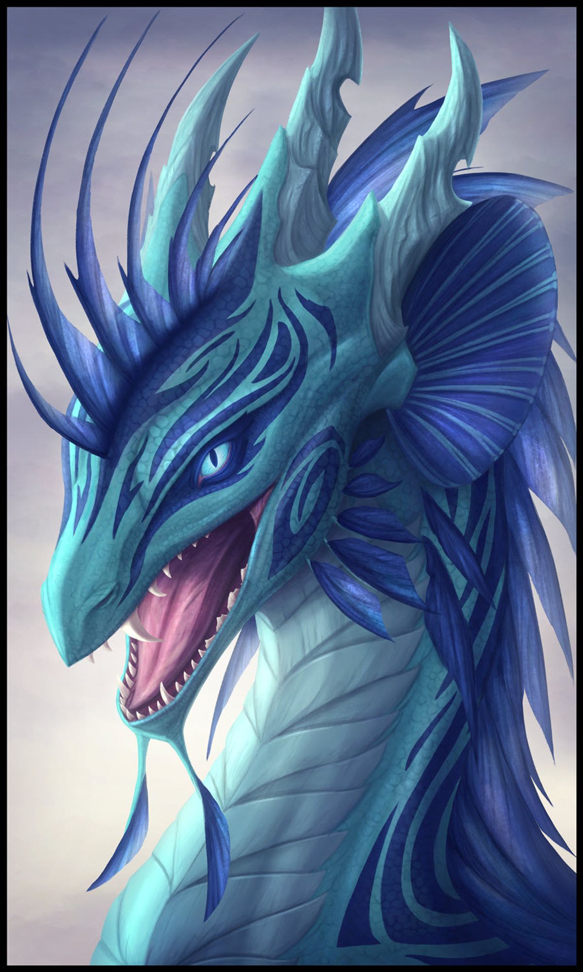 Tide Dragon by Kaya. An aquamarine blue dragon with indigo highlights and a set of three horns reminiscent of Poseidon's trident.