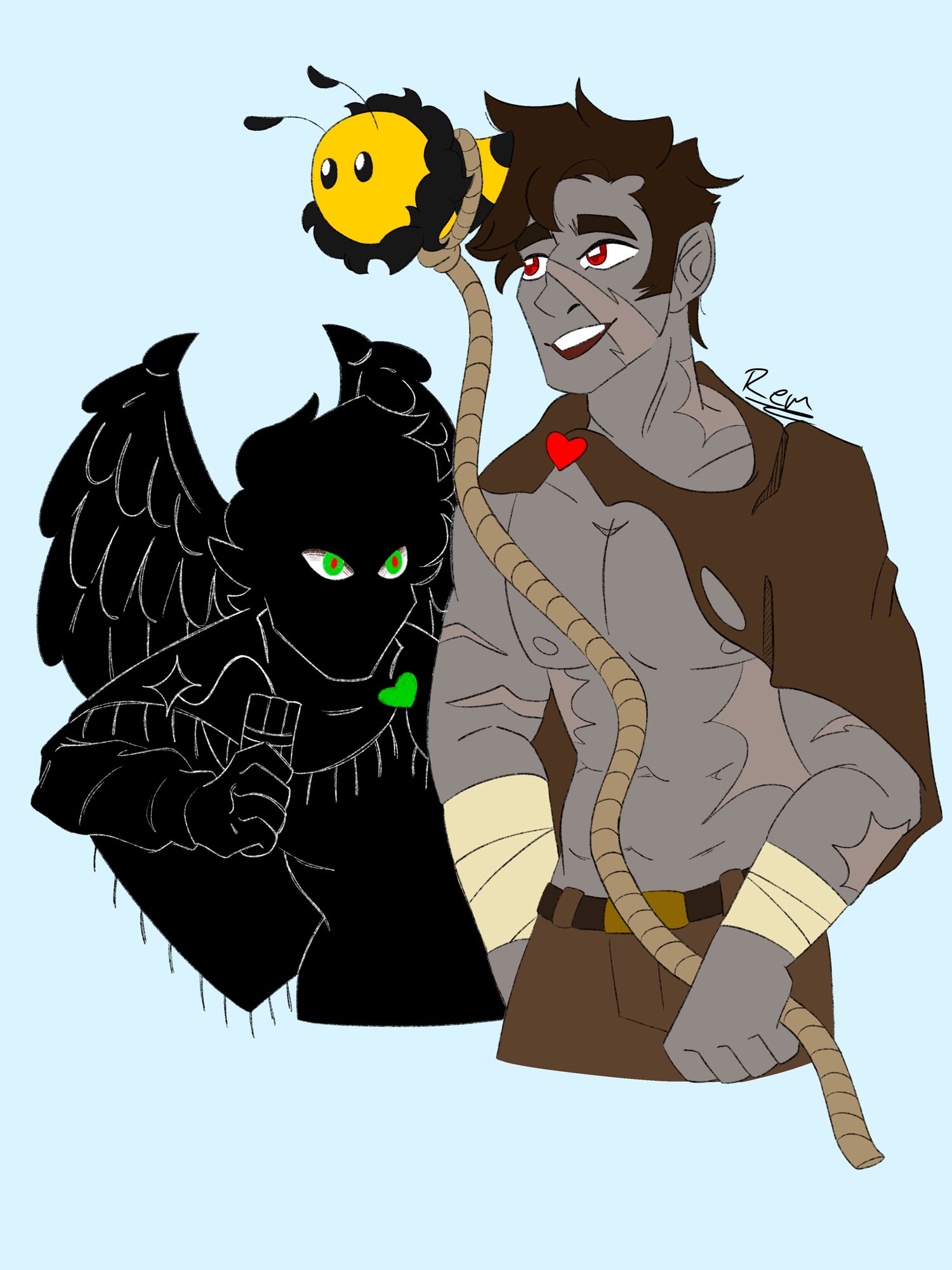 Colored digital drawing of Desert Duo (the characters of Minecraft YouTubers Grian and GoodTimesWithScar). Grian is drawn as a black silhouette with a white outline and minimal details shaping out his clothing, head shape, and minimal details in his wings. He’s holding a stick of dynamite that is ignited, bearing a threatening look in his eyes. His irises are green and his pupils are red. He’s wearing a bright green heart pin on his poncho. To his left, standing in front of him, is GoodTimesWithScar, who’s only wearing brown shorts, bandages on his arms, and a matching brown torn poncho, with a bright red heart pin. He is shirtless, revealing his gray, almost lifeless skin, covered in scars. He’s bearing an amused grin as his gaze is focused on his black and yellow striped bee that he has a lead tied around (the bee is about the size of his head). He has brown, short, hair, and his eyes are a bright red. The background is a solid baby blue color.