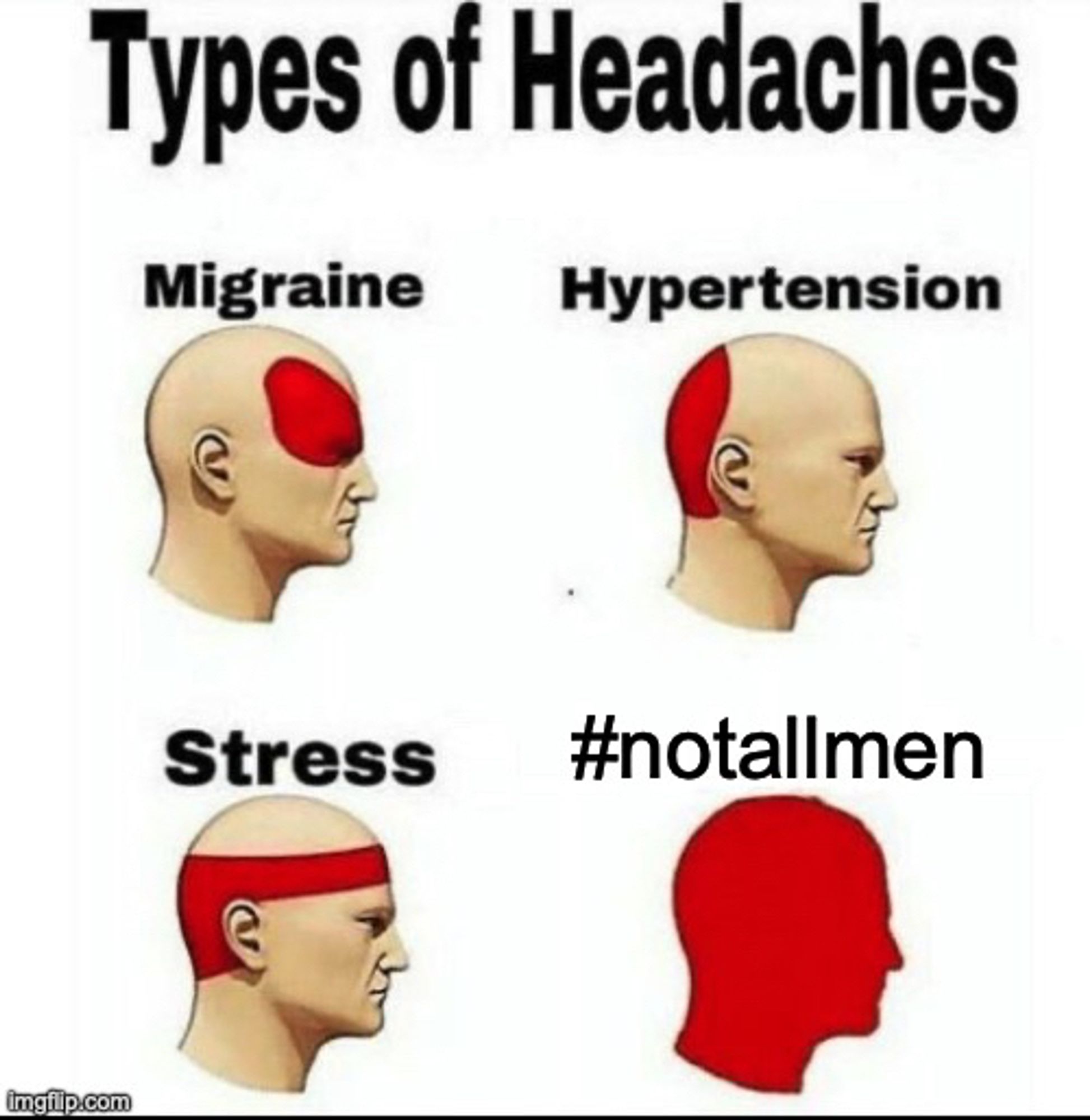 Zu sehen sind wir Köpfe, die unterschiedliche "Types of Headaches" darstellen.
Der erste Schmerz wird bei den Augen lokalisiert. Das ist Migräne.
Der zweite Schmerz wird am Hinterkopf angedeutet. Steht für Hypertension. Der dritte Kopf hat Schmerzen im HInterkopf und über die Schläfe gehend zur Stirn hin. Das ist stressbedingt. Und der vierte Kopf ist komplett voller Schmerz. Ausgelöst durch "#notallmen"