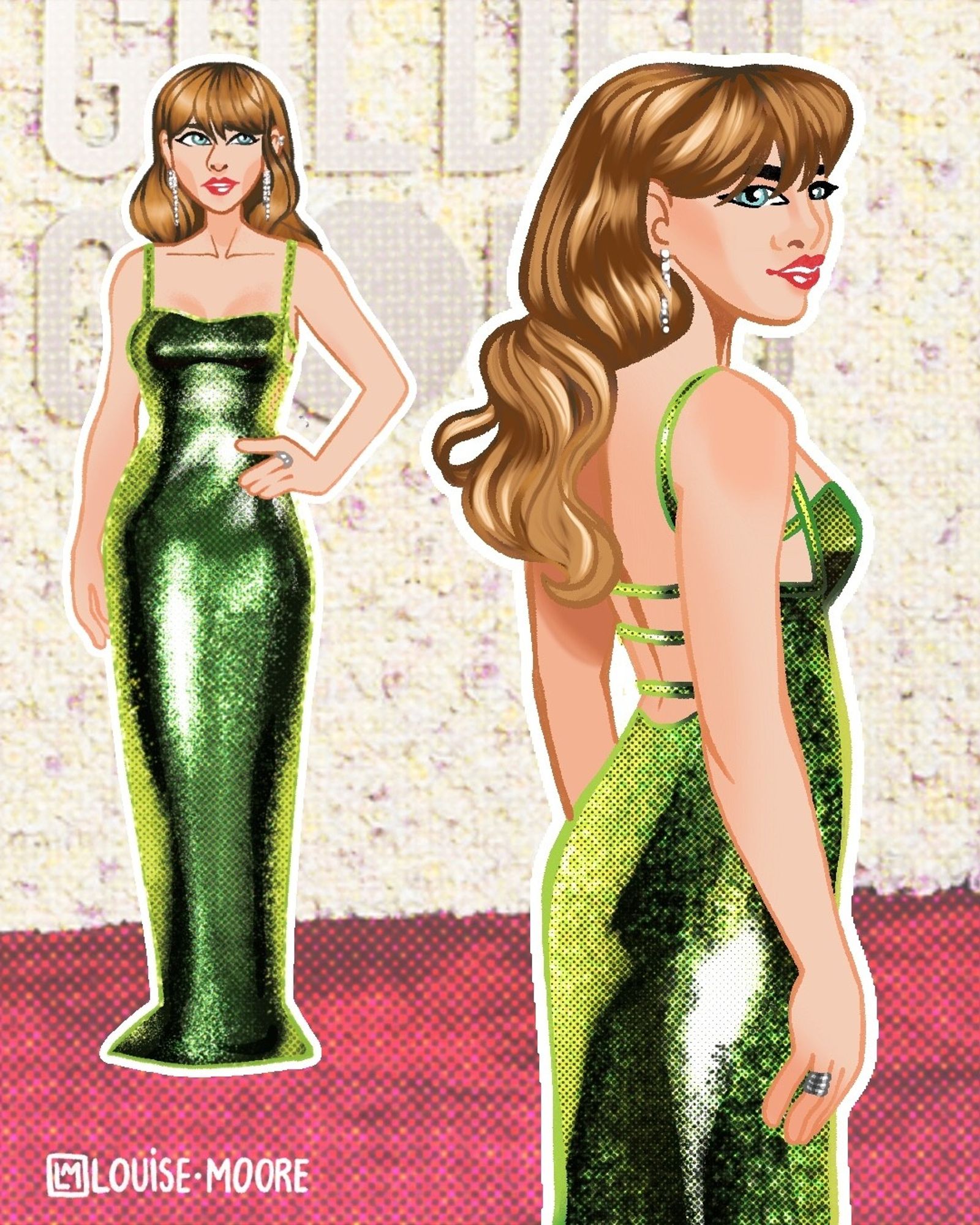 Dessin de Taylor Swift aux Golden Globes 2024 en robe à sequins verts, cheveux détachés