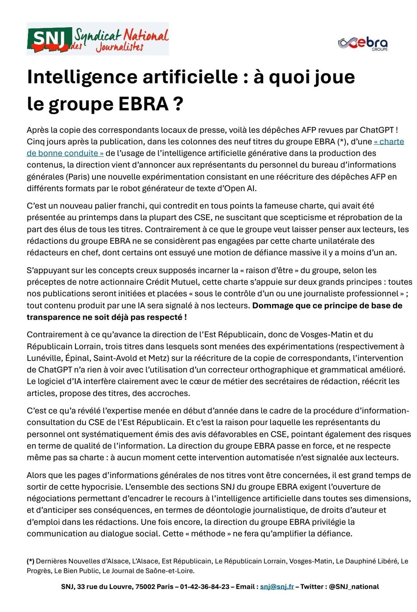 lettre de la SNJ du groupe EBRA