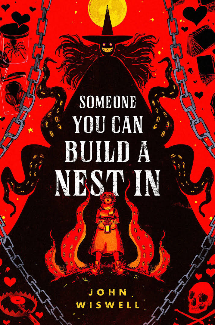 The cover of Someone You Can Build a Nest In by John Wiswell. It's orange and black with the spooky silhouette of a tentacle'd witch.