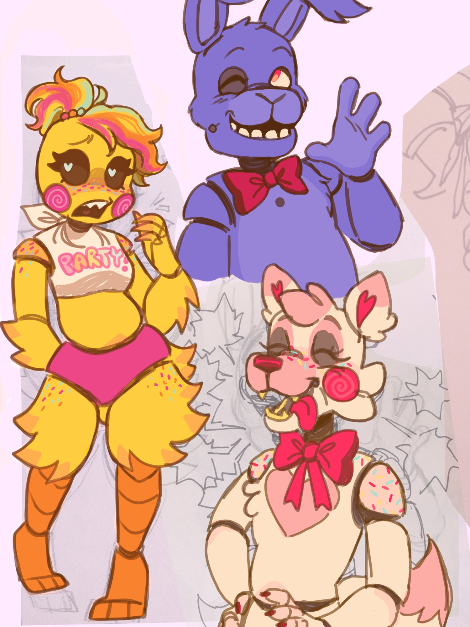 Doodles of toy chica, fixed mangle, and Bonnie overlaid on a collage of traditional base sketches