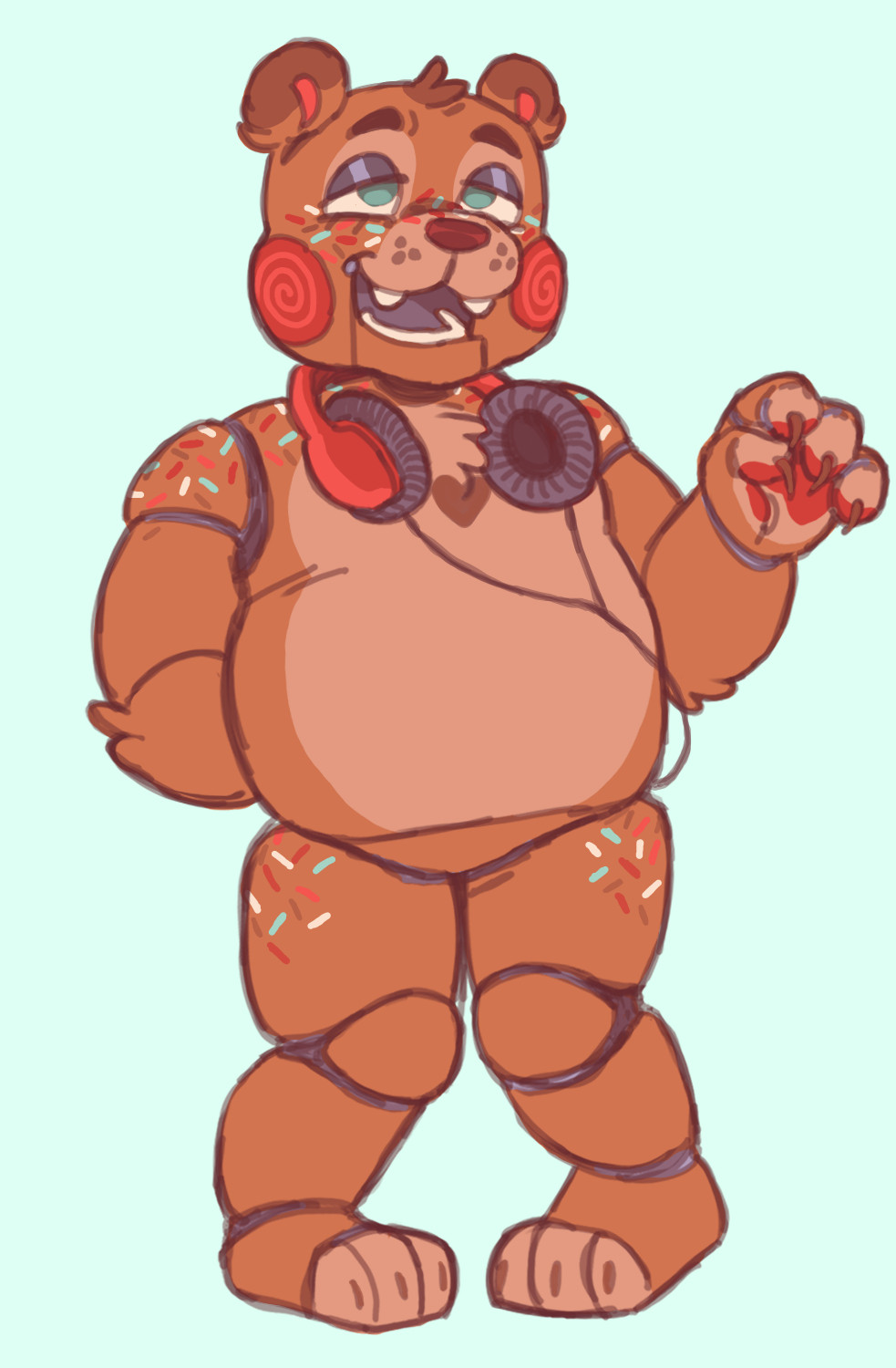 A fullbody drawing of Toy Freddy from FNAF with an open mouthed smile and lazy, half closed eyes. He has red cheeks with a swirly pattern, and a sprinkle pattern across his cheeks and nose, as well as on his shoulders and thighs. He also has a pair of red headphones around his neck