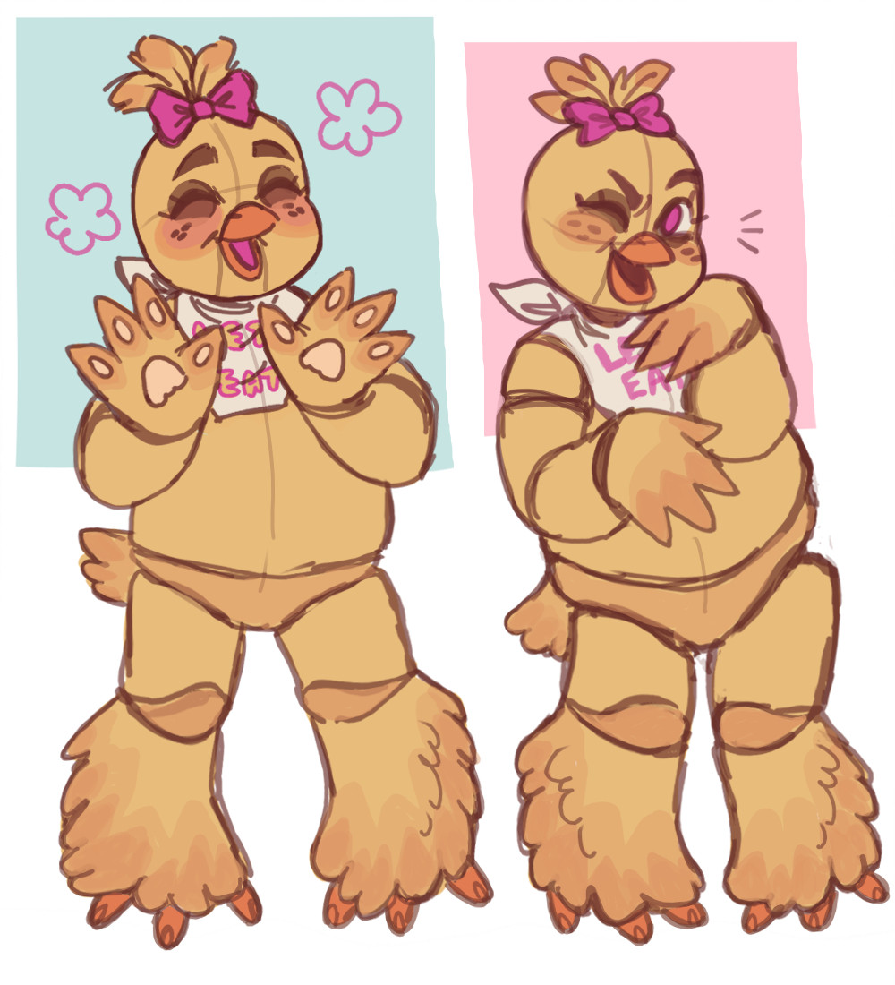 Two doodles of classic Chica from FNAF. This design gives her a magenta colored bow in her hair feathers, and feathery feet. In one doodle she is smiling cutely and holding up her hands to show the paw pads as seen in the fnaf movie. In the other she is winking like in the movie as well, with one hand raised up under her chin.