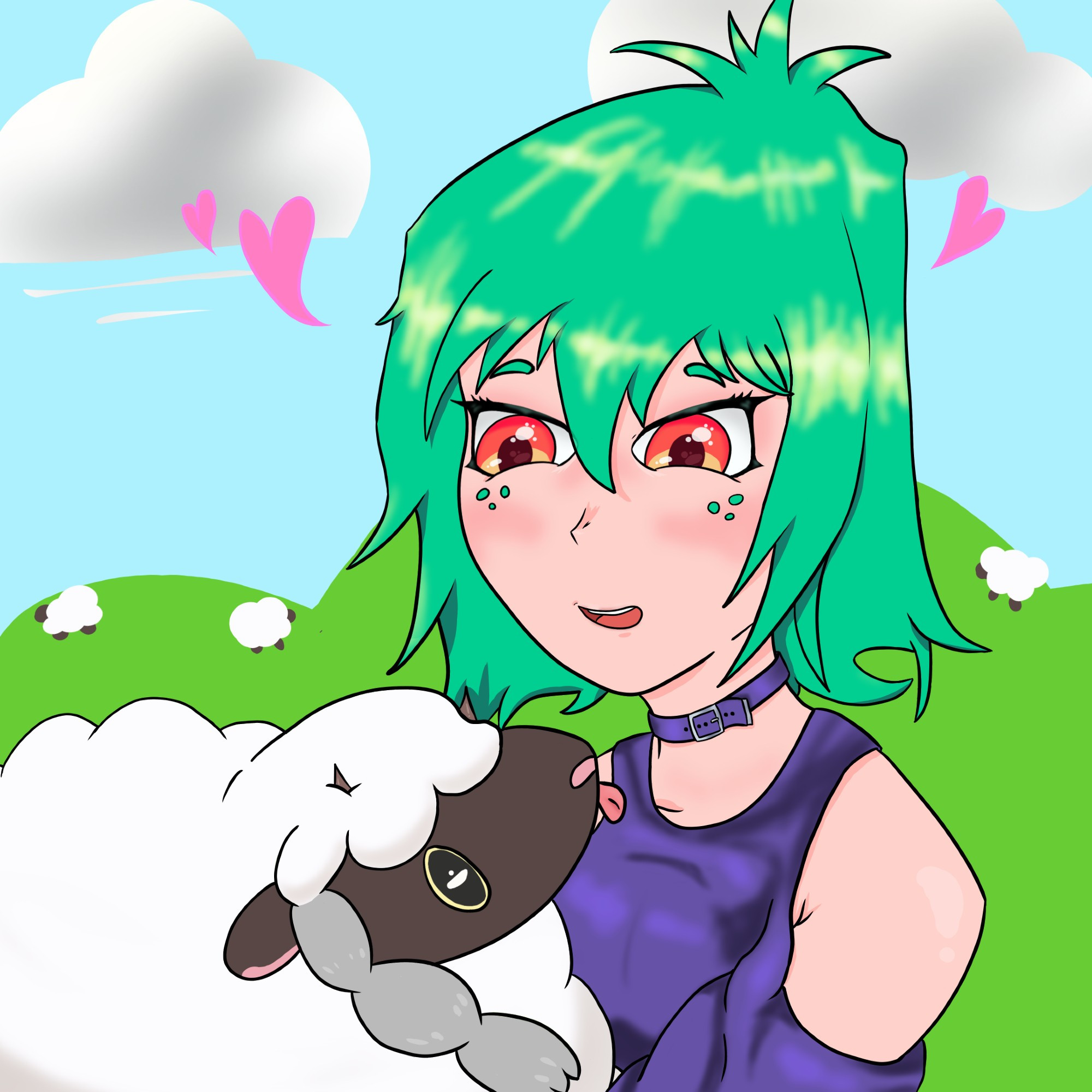 A drawing of Reky (the girl) with a Wooloo (the sheep). She's looking down at the silly creature with love in her eyes and hearts floating about her head. The Wooloo has it's tongue out in a blep and appears silly and cute. There are sheep in the simple background.