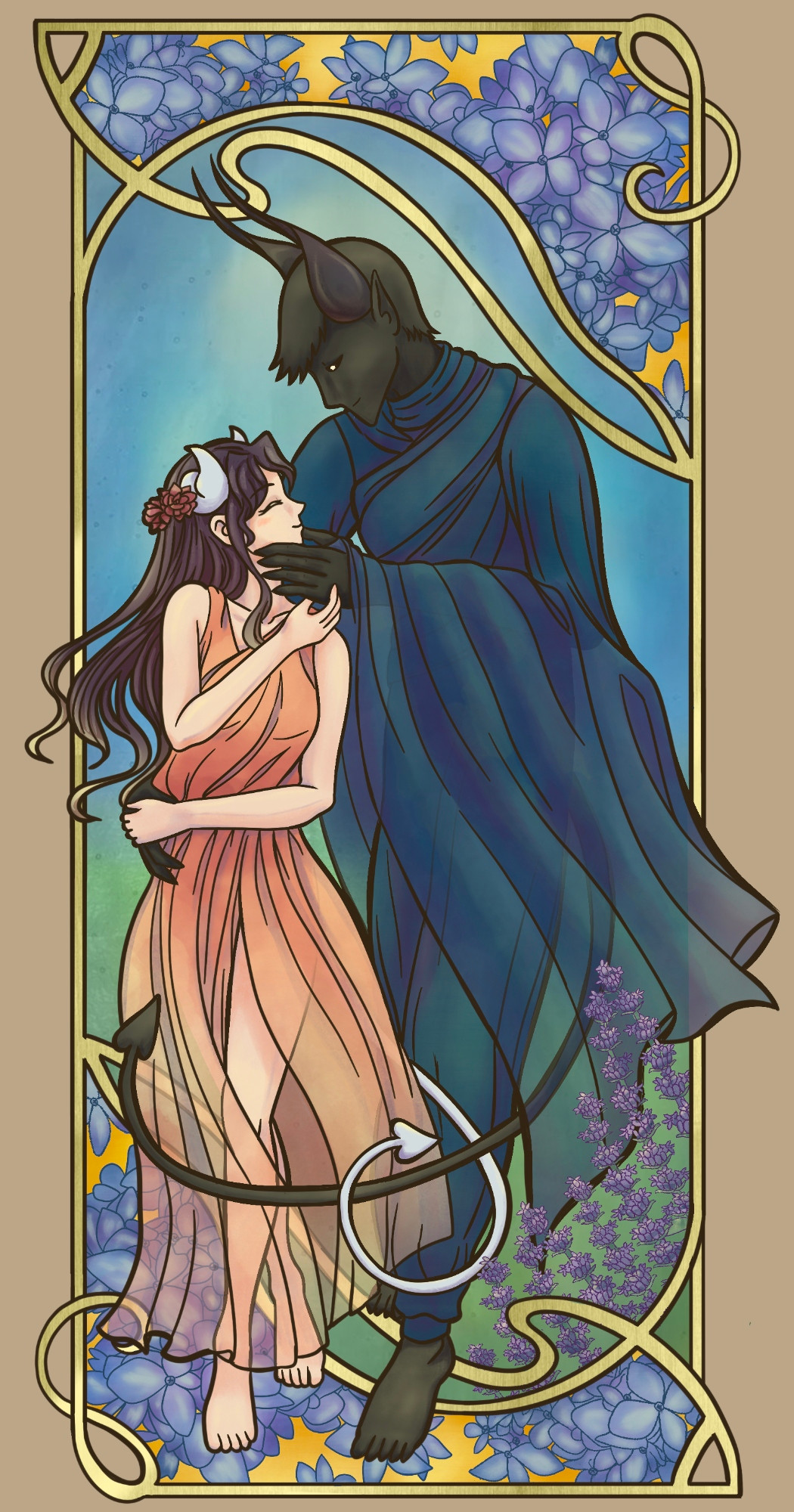 Digital art in the art nouveau (particularly Mucha) style with an elaborate frame featuring lavender and hydrangea. Within it, Az, a tall male demon, leans down to touch the face of Evelyn, a human woman disguised with horns and a tail. They are both wearing flowing robes.