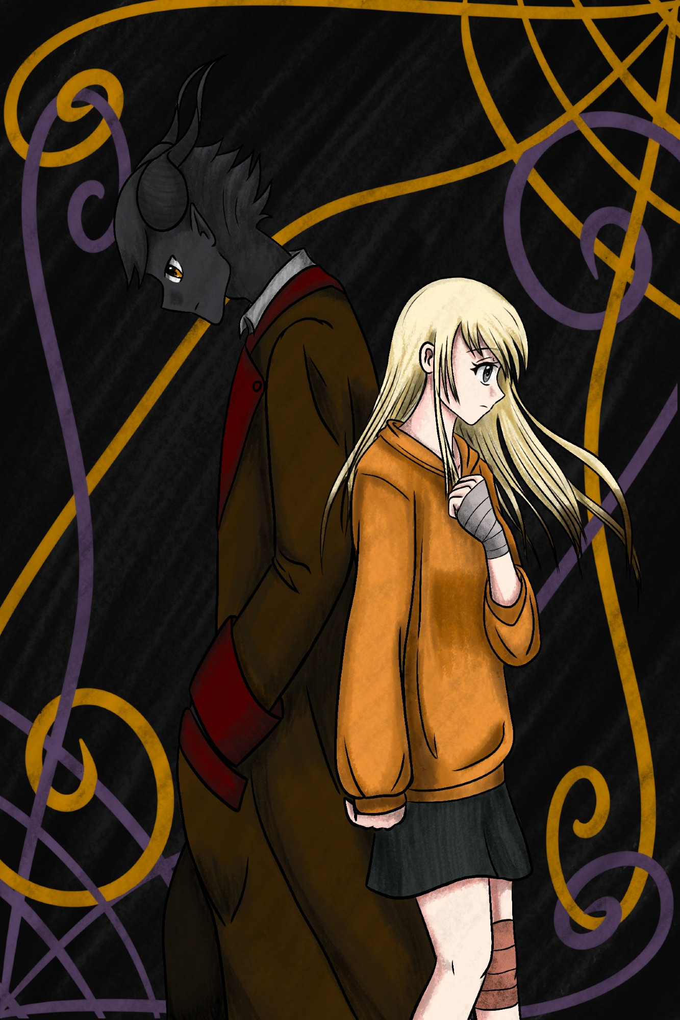 Digital art. Characters D, a tall male demon, and Holly, a human woman, stand back to back over a background of tangled strings.