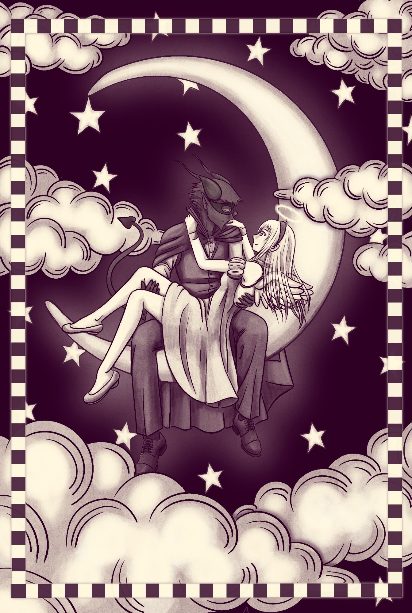 A vintage styled warm black and white illustration of characters D, a male demon dressed as a devil, holding Holly, a human woman dressed as an angel, sitting on a moon amongst clouds and stars.