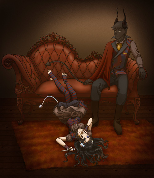 Evelyn reclines with her feet propped up on a couch, holding a knife. Az is sitting on the couch looking very stiff.