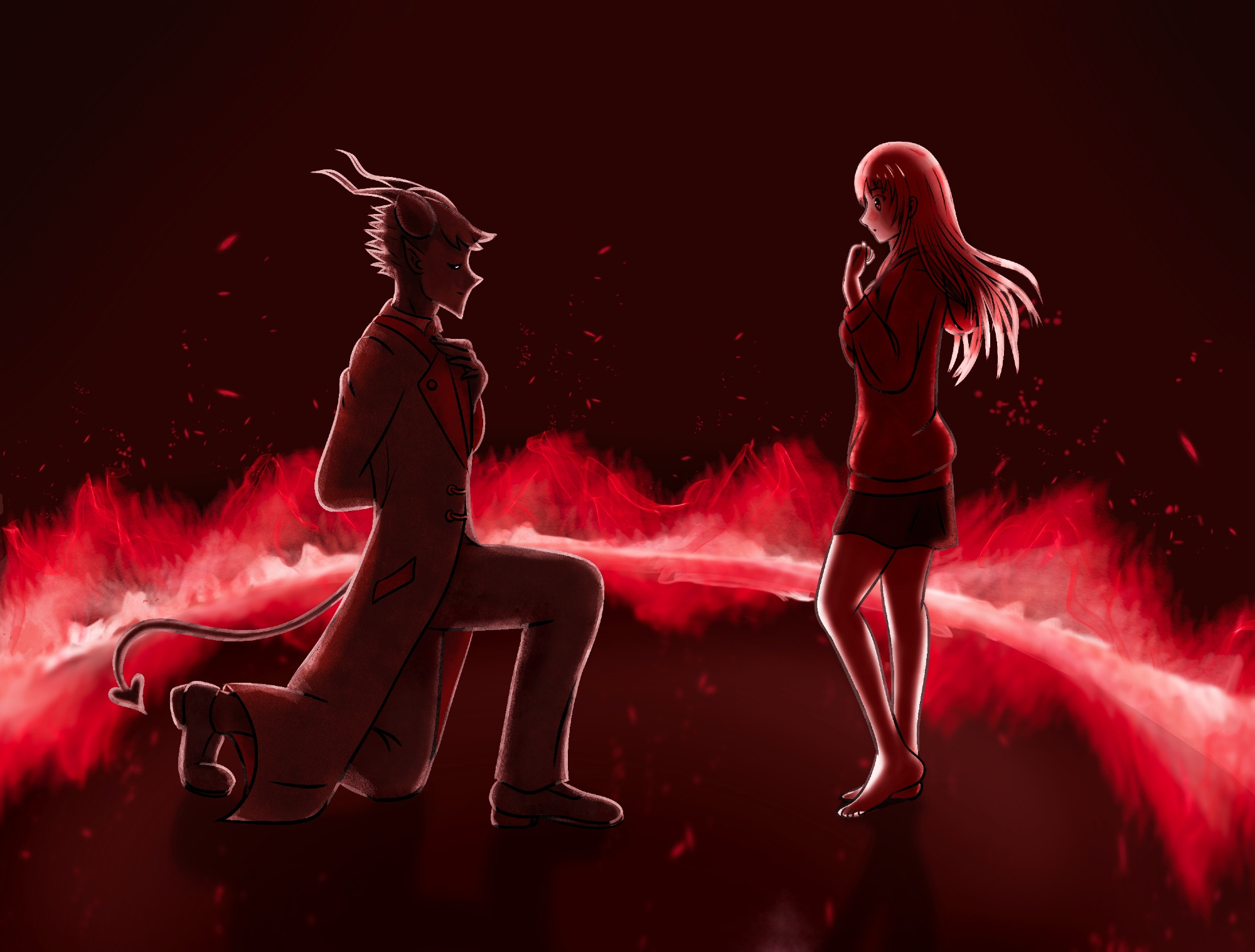 the demon D kneels in front of human Holly in a red firey circle