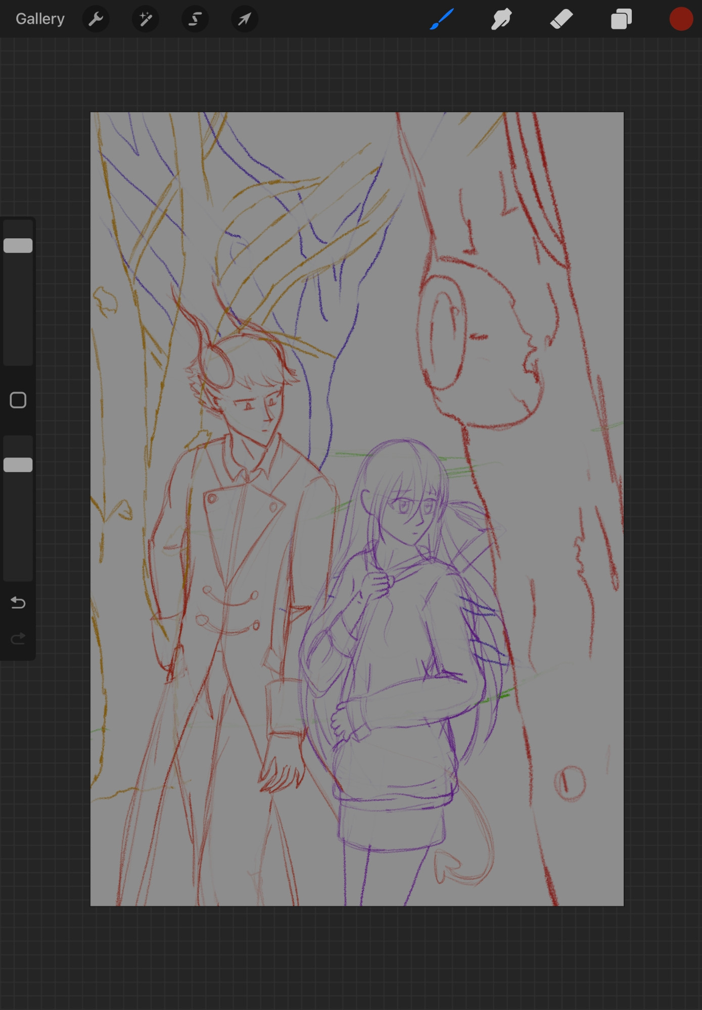 Procreate screenshot. Sketch of D and Holly walking through woods