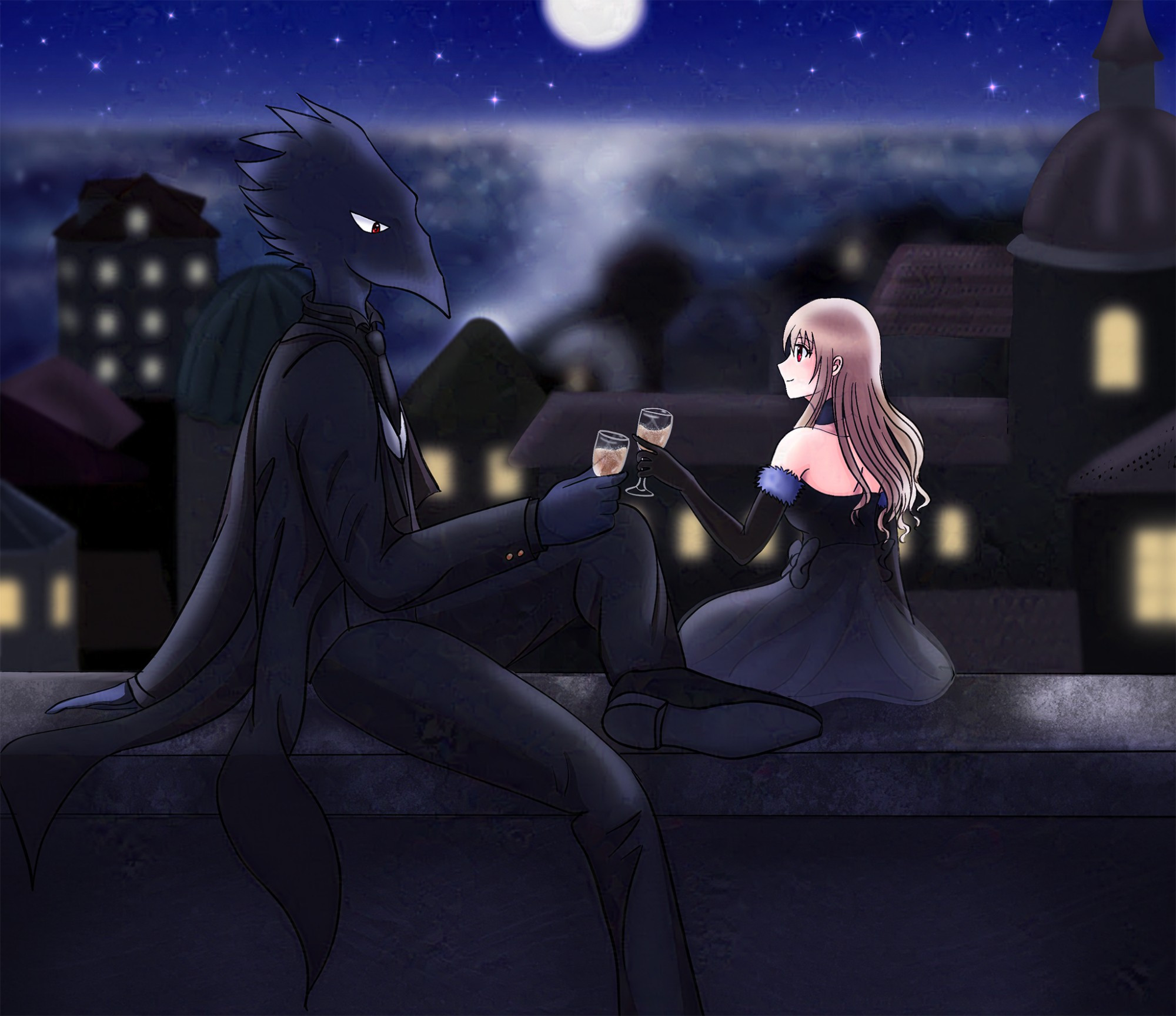 The characters Caron and Noel looking over a city at night.