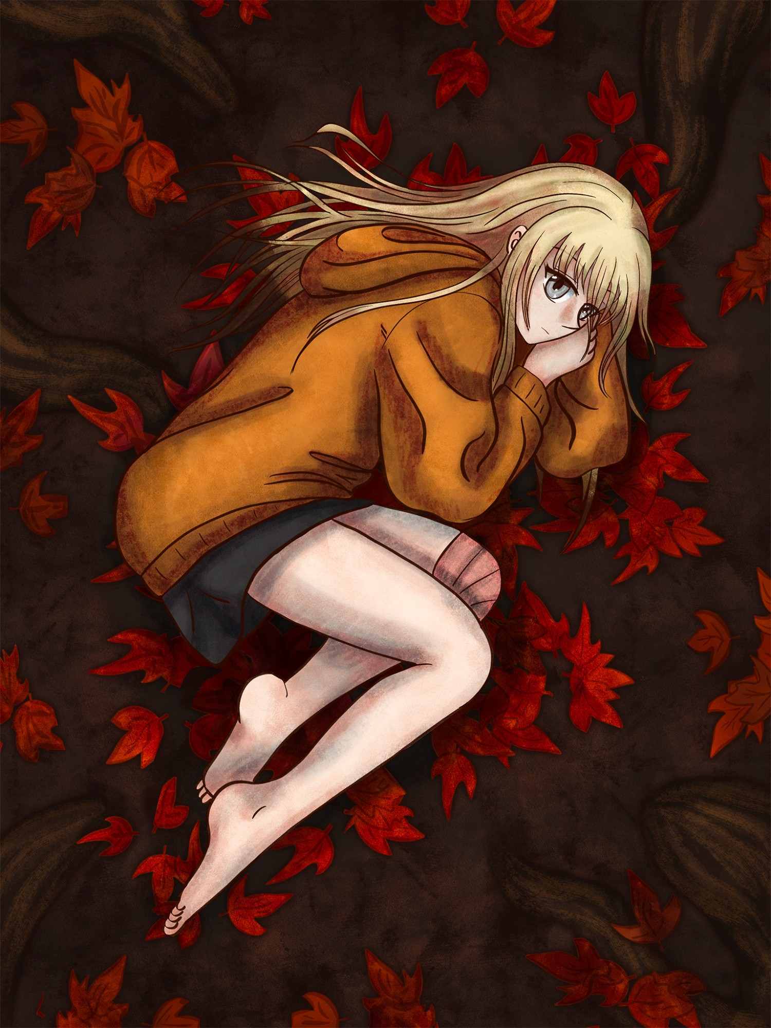 Holly laying on red leaves with a blank expression.