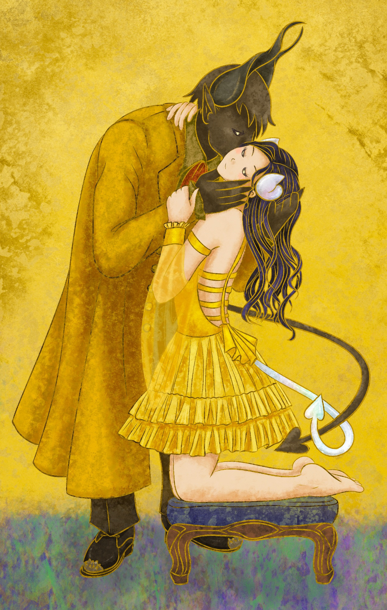 Digital art. Az, a tall male demon, leans down to kiss Evelyn, a woman disguised with horns and a tail, in a parody/tribute to Klimt's the Kiss