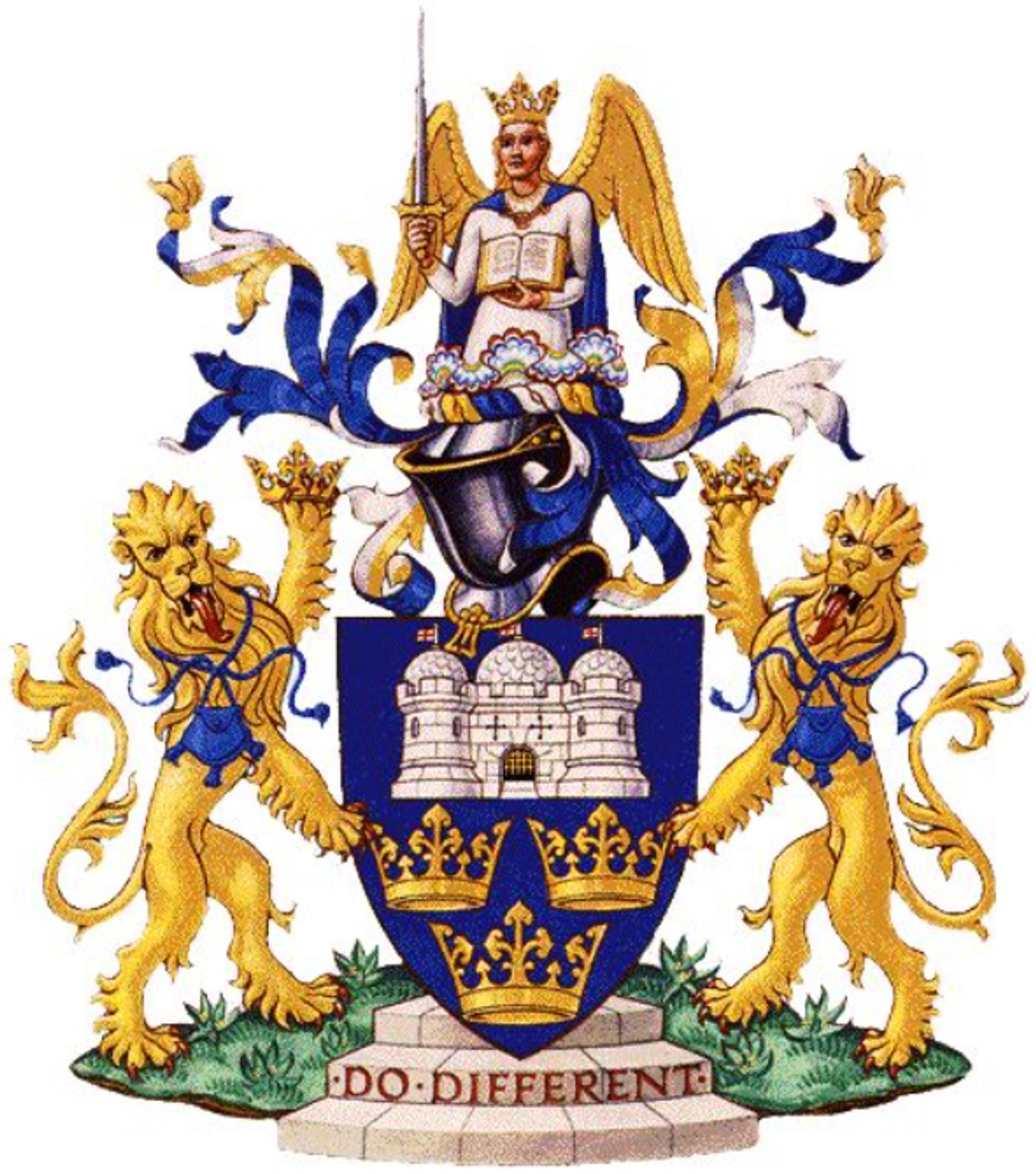 The UEA (University of East Anglia) coat of arms featuring an angel, a castle of three domes, three ancient crowns, two lion supporters, and the motto ‘DO DIFFERENT’.