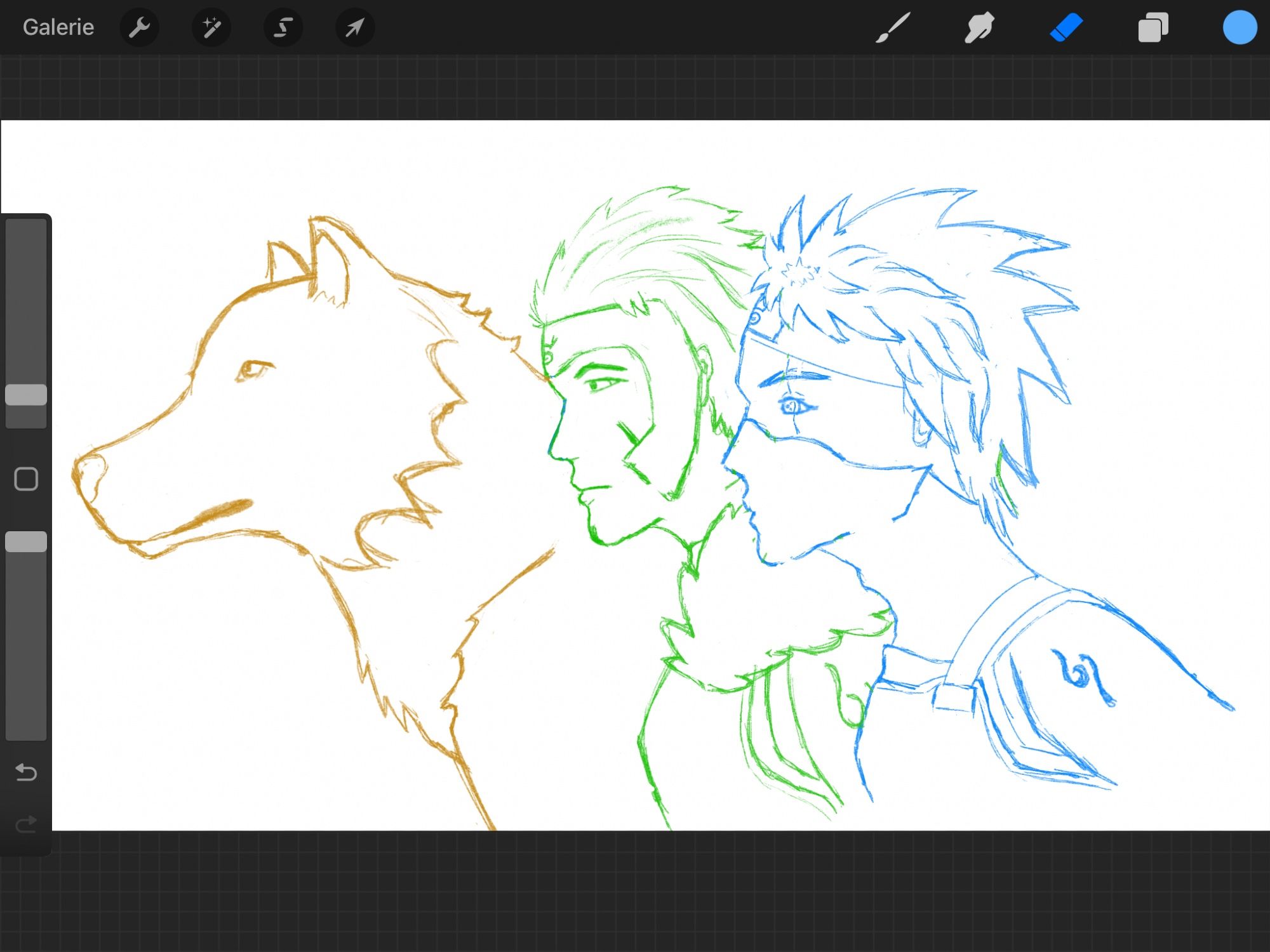 Digital sketch in pcrocreate. From left to right: Okami, a big wolf, Tobirama and Kakashi, all looking to the left. Tobirama and Kakashi wear anbu gear, tho in Tobirama‘s case it‘s decorated with his fur collar and both miss the masks. Kakashi‘s sharingan is exposed.