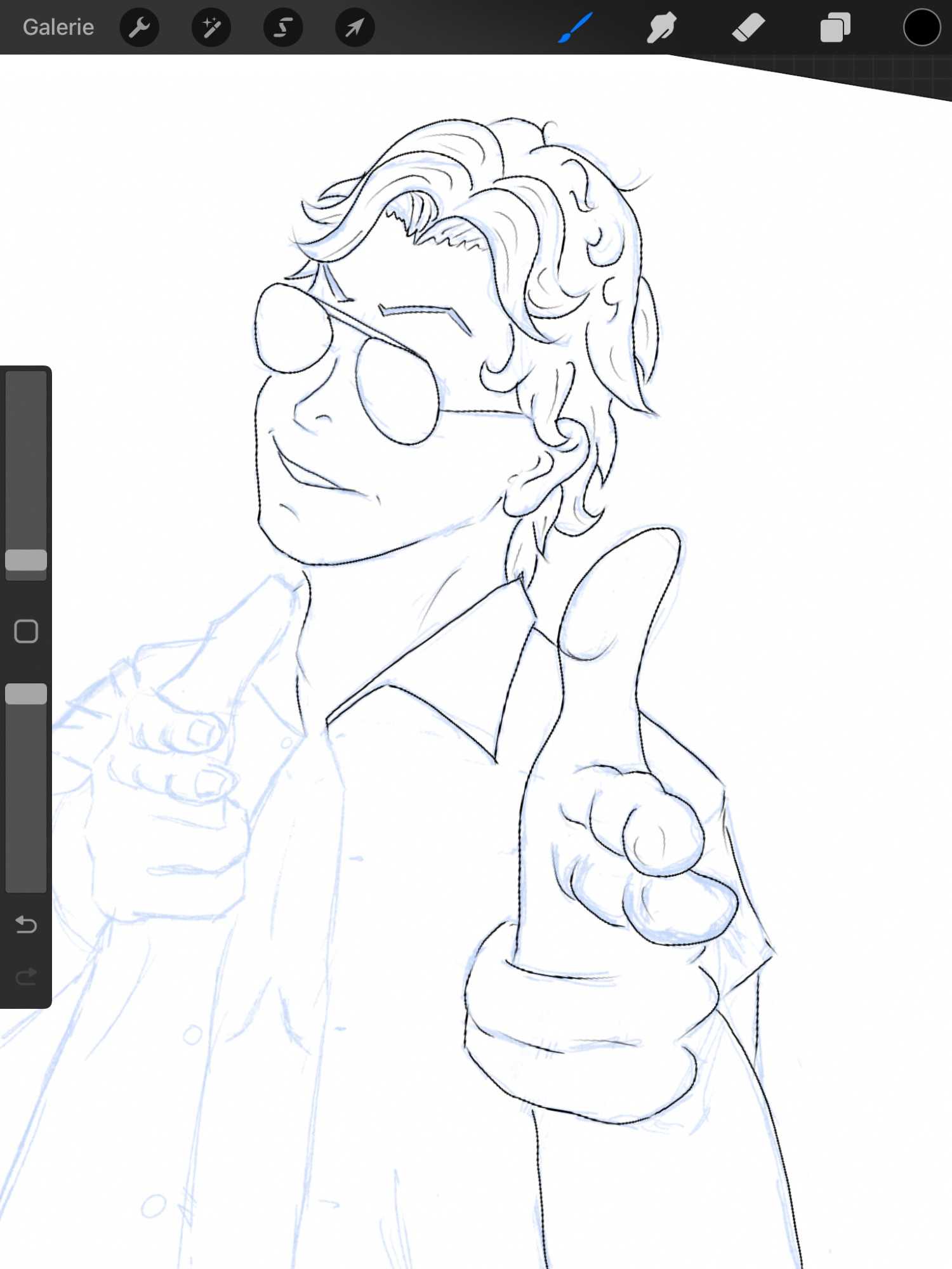 Procreate screenshot. Lineart of a man with curly hair in an open buttend shirt doing fingerguns at the viewer. He wears sunglasses.