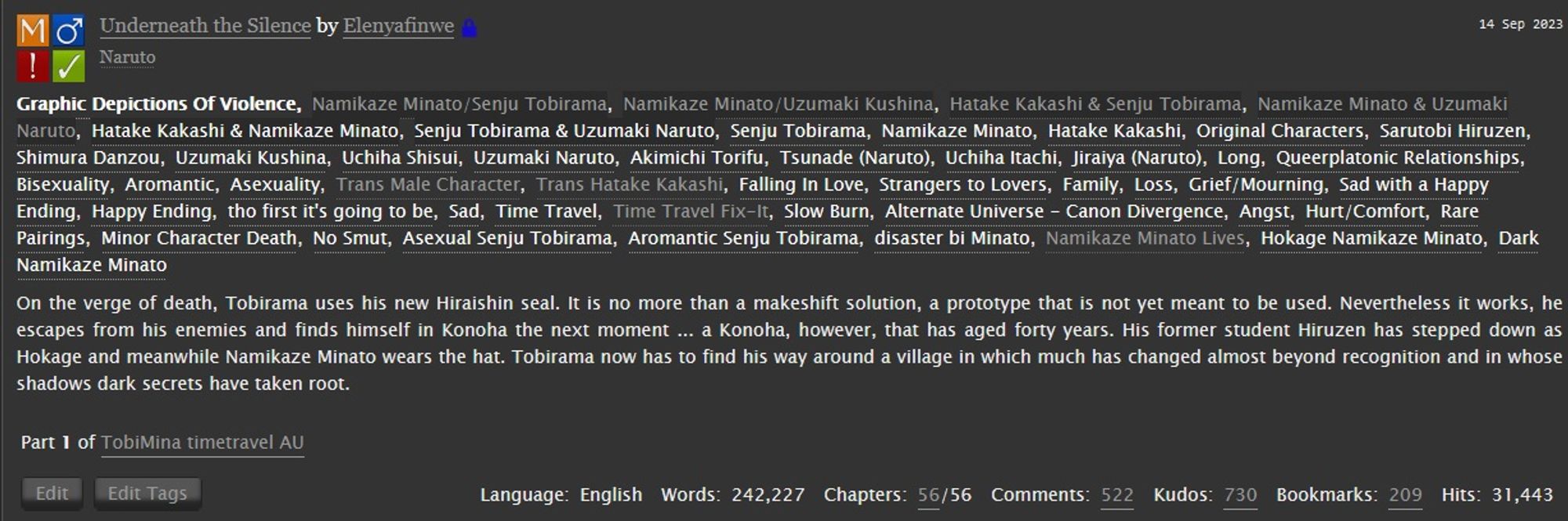 Screenshot of the above mentioned text with the ao3 tags and summary. All infos are also in the link above.