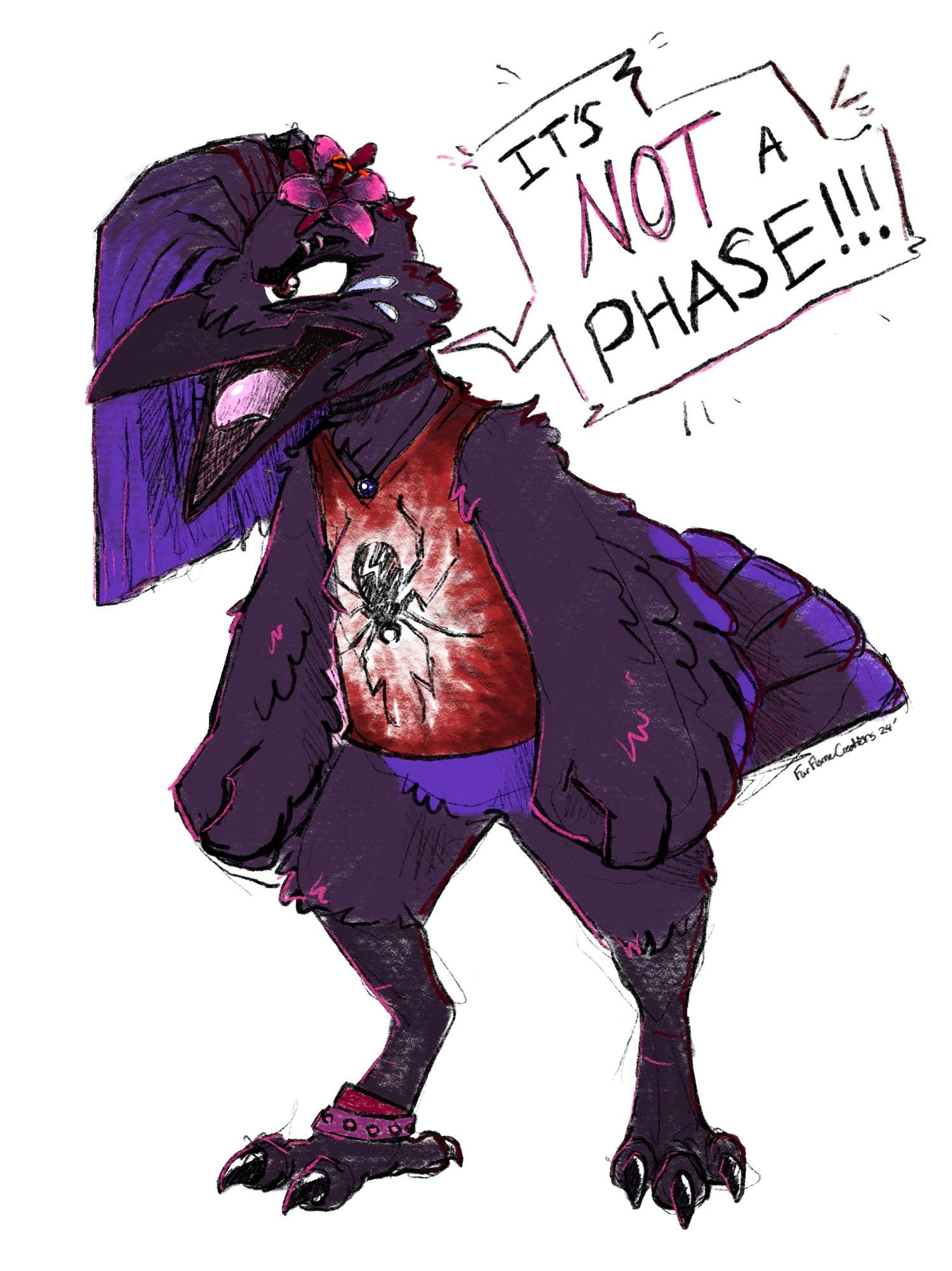 Colored sketch of Lily the Raven with a punk haircut and wearing a My Chemical Romance shirt and other stereotypically emo things. She is angrily shouting, "It's not a phase!"