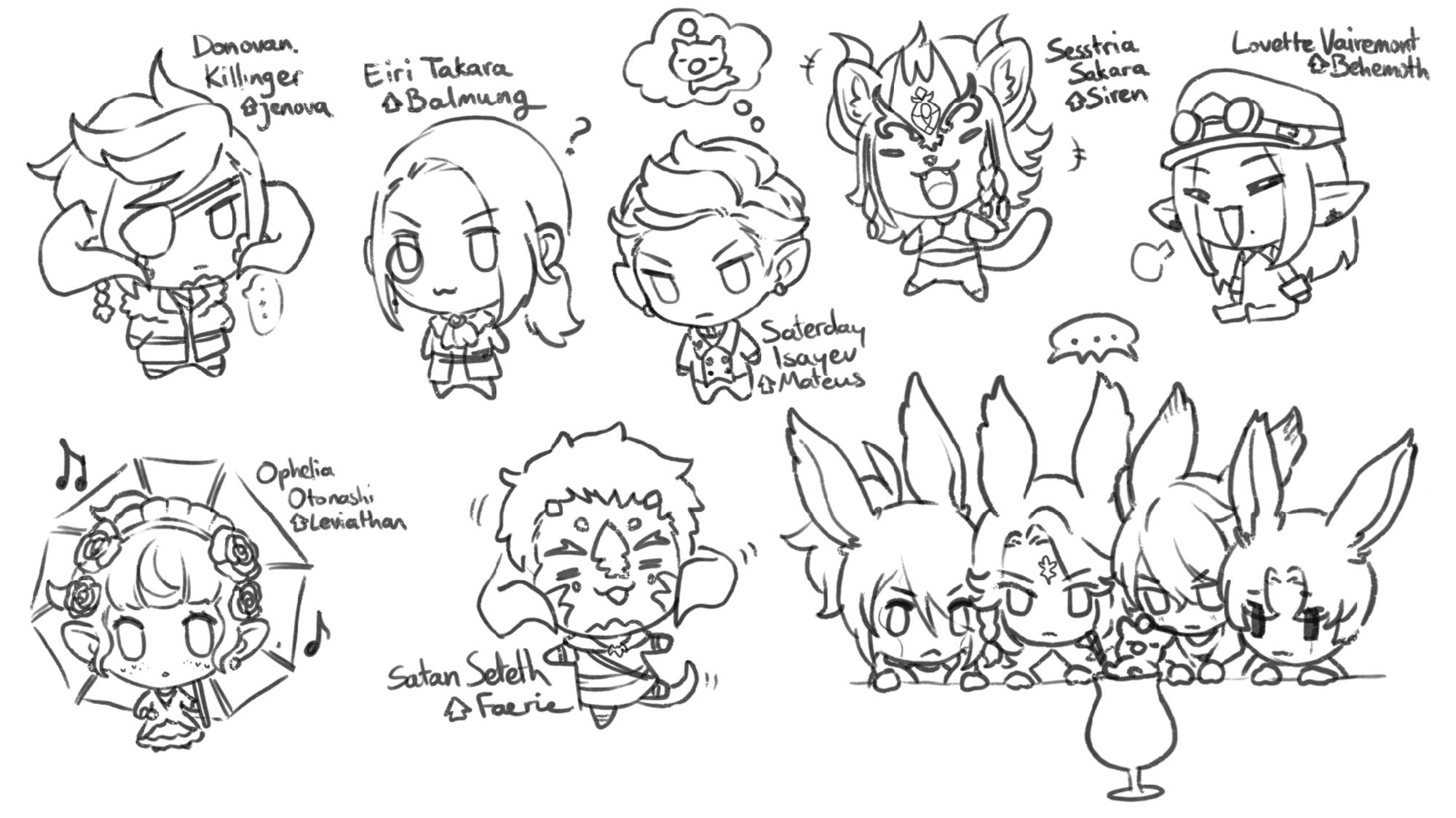 Some chibi doodles from a Prancing Moogle art party in FFXIV! The characters include Donovan Killinger, Eiri Takara, Saterday Isayev, Sesstria Sakara, Lovette Vairemont, Ophelia Otonashi, Satan Seteth and the four bunnies at the bnuuy table that were staring very intensely at a cute drink i'm so sorry I didnt get your names guh // (extra tags: Final Fantasy 14 FF14 ffxivart artparty prancingmoogleAP)