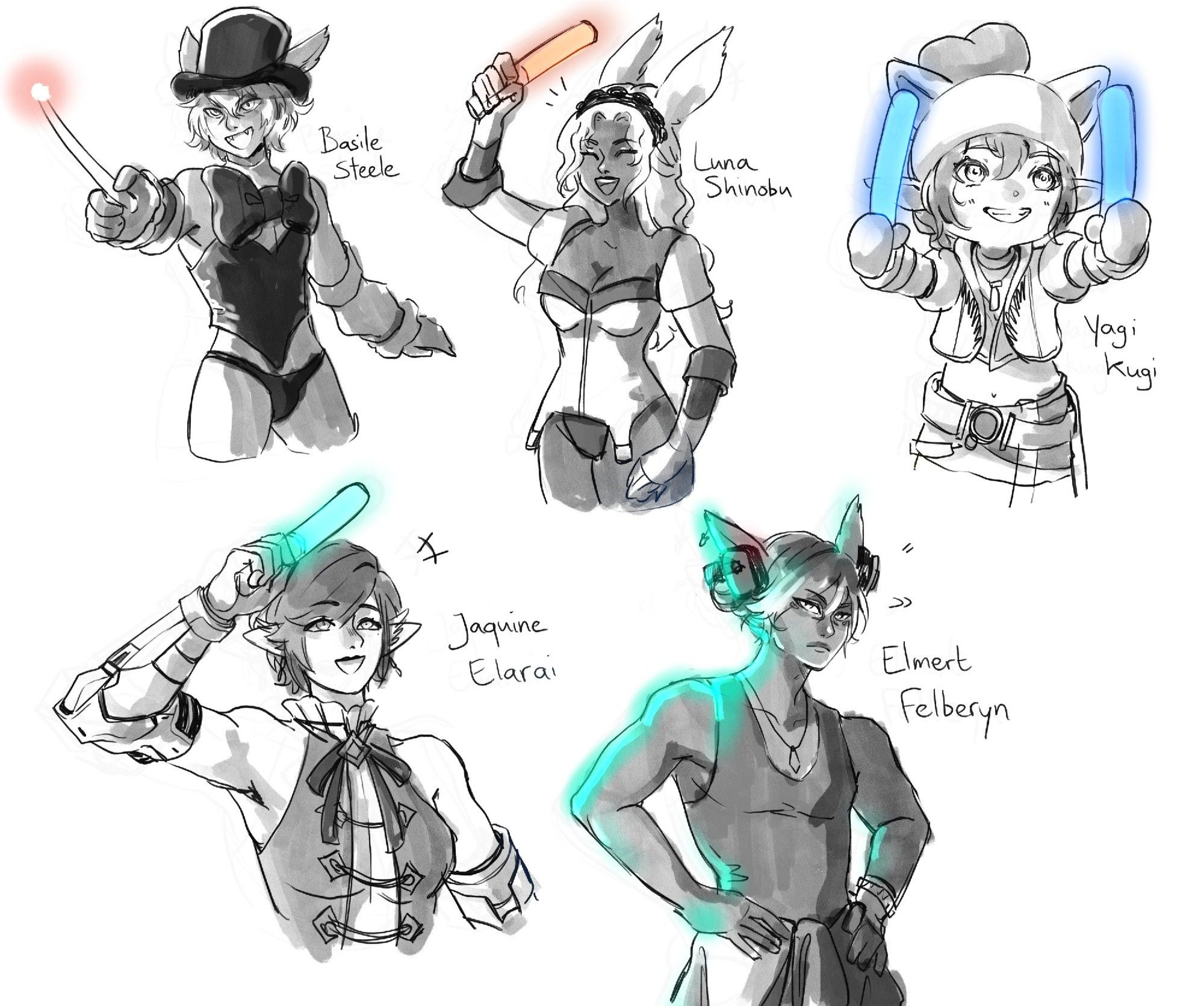 Five rough drawings of player characters during the wrestling-themed Tea & Tides Art Party in FFXIV (Basile Steele, Luna Shinobu, Yagi Kugi, Jaquine Elarai, Elmert Felberyn) // (extra tags: final fantasy 14, ff14, final fantasy xiv)