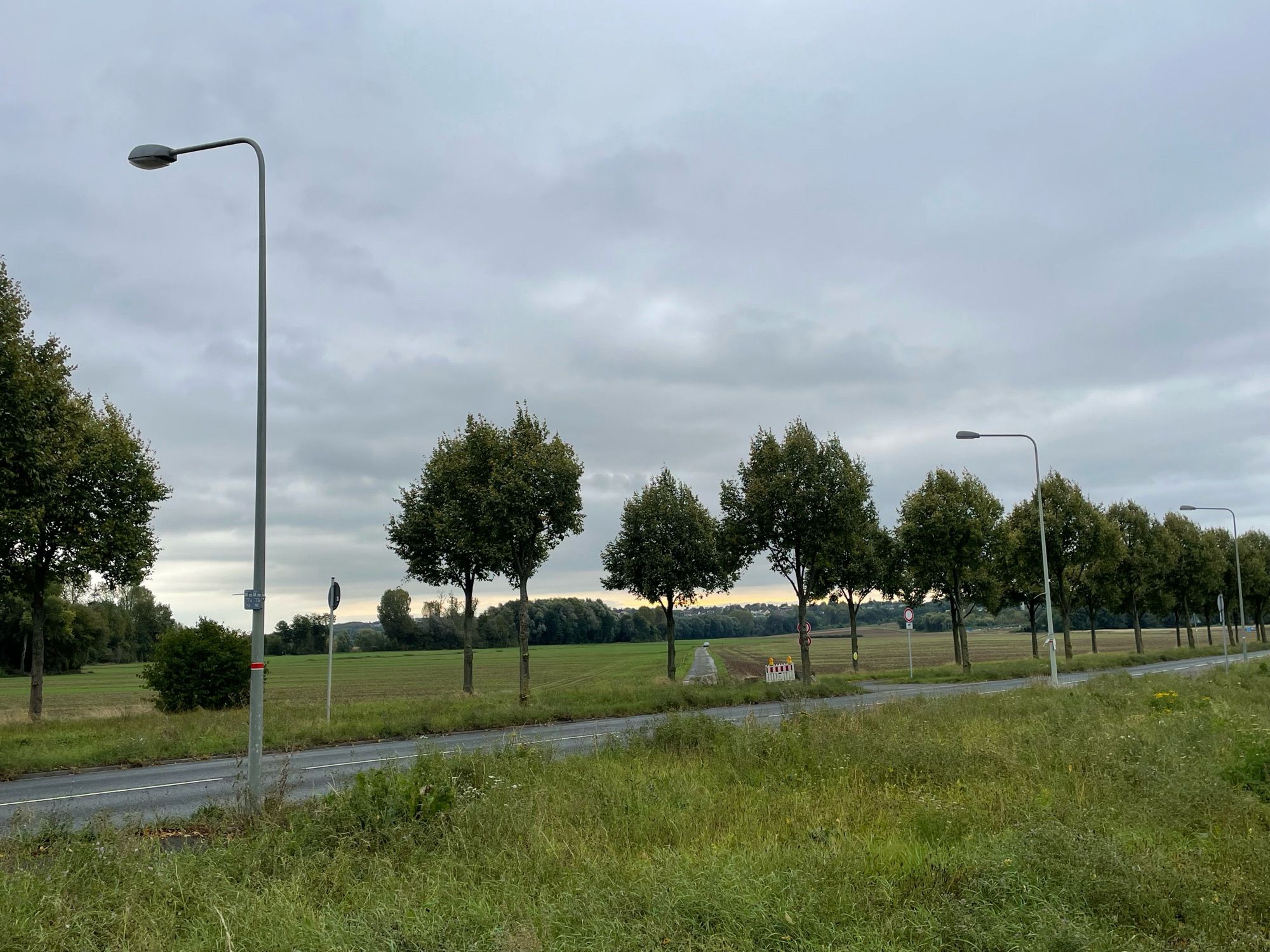 Das übliche Foto mit der Laterne und der Landstraße, diesmal vor grauem Himmel.