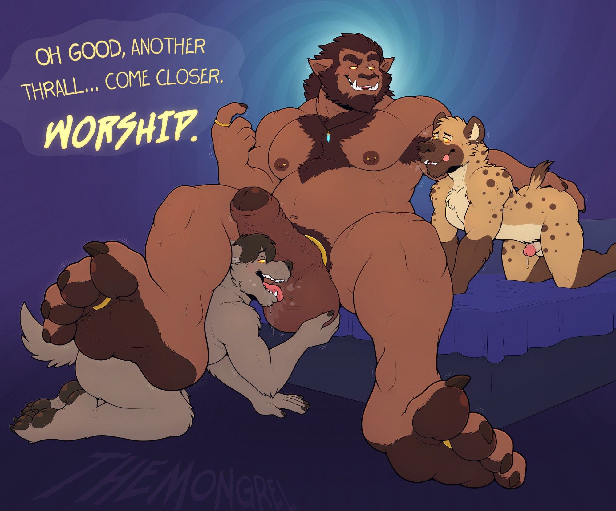 TheMongrel-Artwork A NSFW Commissioned illustration of a male bugbear with glowing eyes being worshipped. A zoned out anthro hyena is sniffing his armpit whilst an anthro canine is on all fours, breathing heavily and licking his balls.