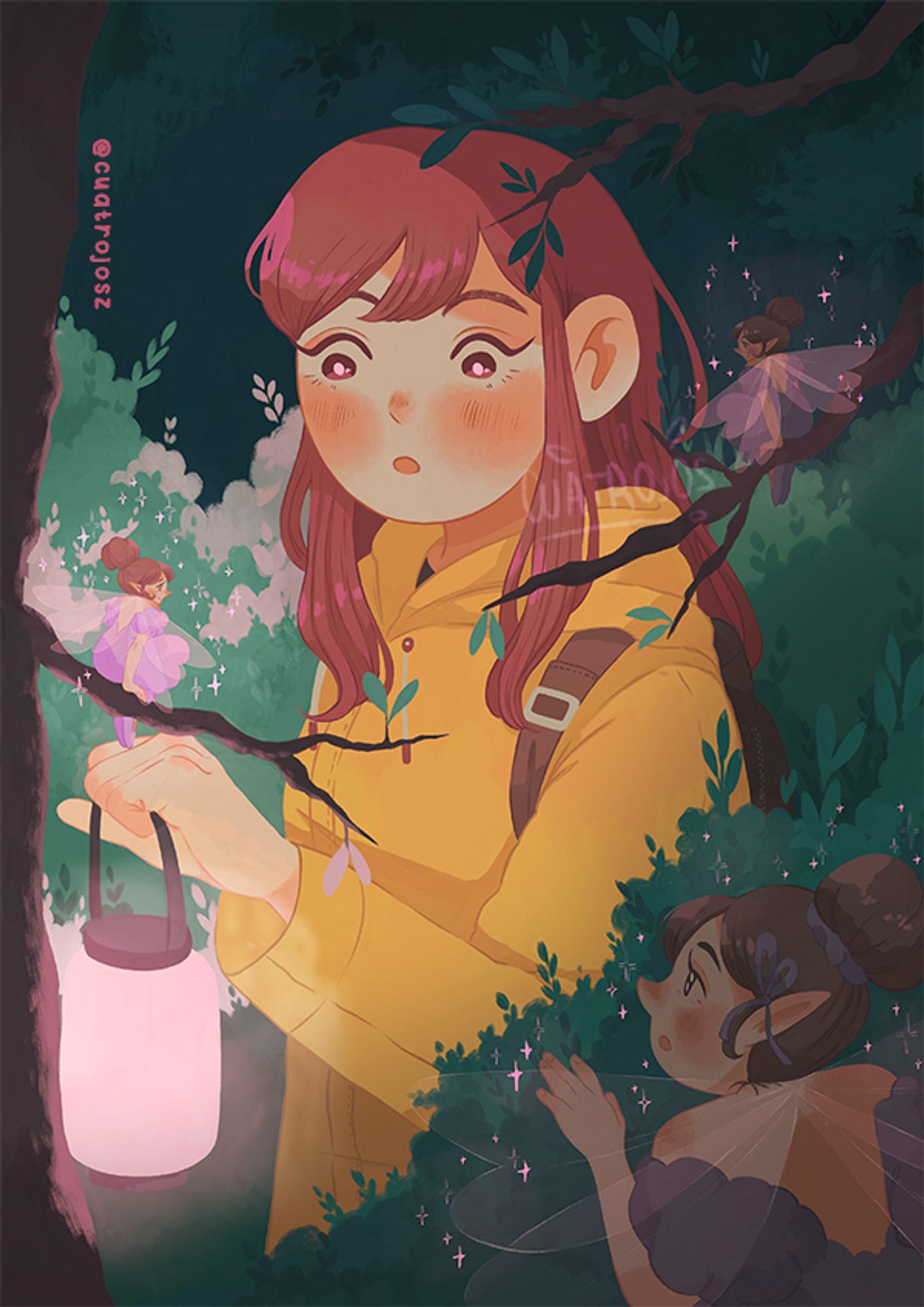 A red-haired girl with a yellow coat, holding a pink lamp. She is in the middle of the forest, there are some branches where there are some little faeries, hidden and looking at the girl in the middle. She noticed one of them.