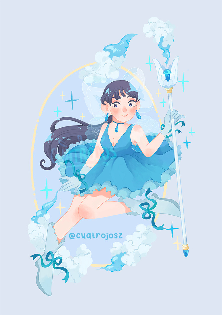 A black haired girl, using a fluffy sky blue dress above their knees. She is holding a white spear, from which emerges water chunks.