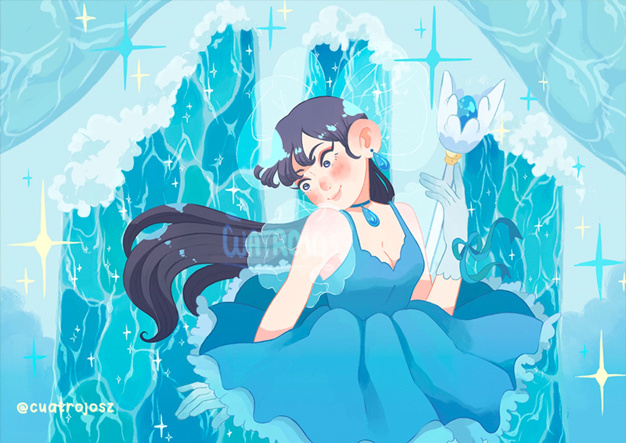 A black haired girl, using a fluffy sky blue dress above their knees. She is resting her chin on her shoulder, looking down and holding a white spear in the other hand. Behind her, 3 cascades and some sparkles around.