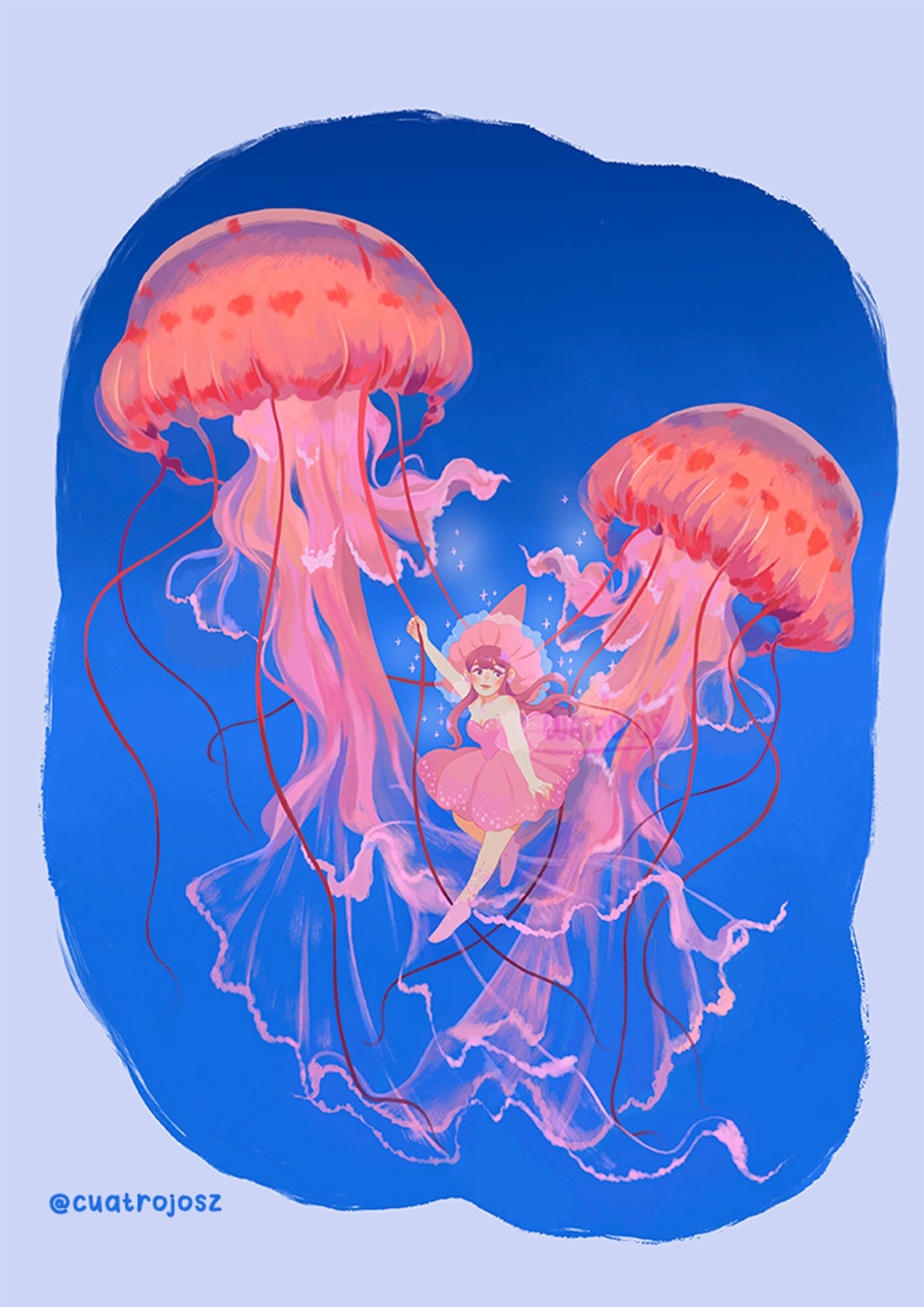 Two pink jellyfishes floating in the sea. Holding one of them a little pink sea witch, with a fluffy short dress and a witch hat.