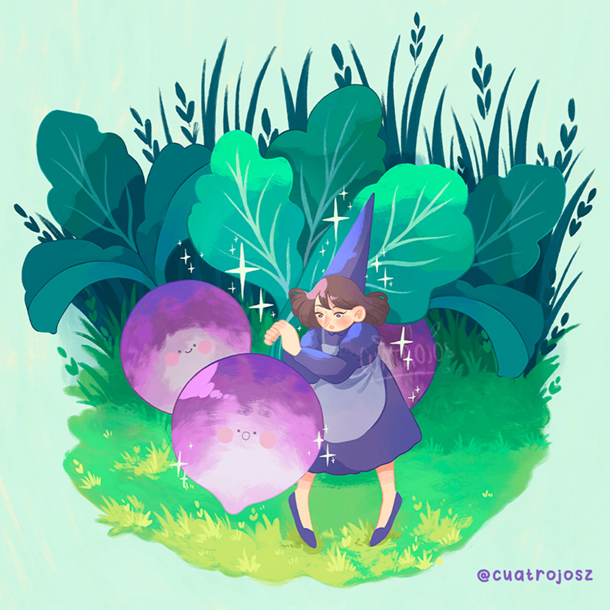 A little witch in a purple dress, taking out a turnip of her size in her hands. Behind her, two turnips in the ground.