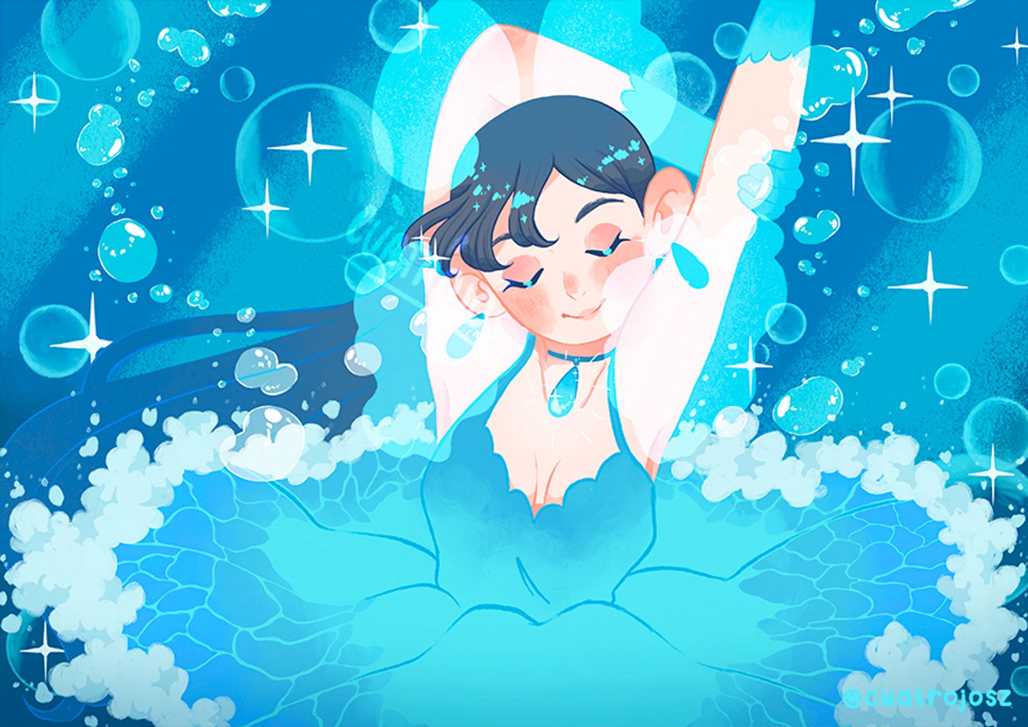 Lir, a black haired girl, both arms up behind her head, holding her forearm while transformating. Her dress is a color gradient, the end of the dress like water and bubbles. The background is a galaxy like blue, with bubbles and sparkles.