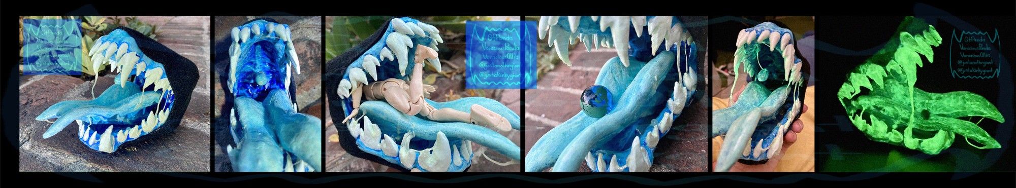 Six photos of a physical sculpture I made of my fursona Neph's cyan, dripping wet maw. Each photo shows a different angle or detail. First is 3/4 facing left, second is looking straight into the maw, third is 3/4 facing right with a posable art doll/figure going headfirst into my maw, fourth is a close up of the planet earth (in marble form) sitting in the groove of my tongue near where it splits, fifth is almost head-on with a slight angle, showing off the glowing saliva that can glow in daylight when the inside of the maw is exposed to a flashlight or other bright light, and the fifth is a side view facing right with the lights off and the maw glowing brightly.