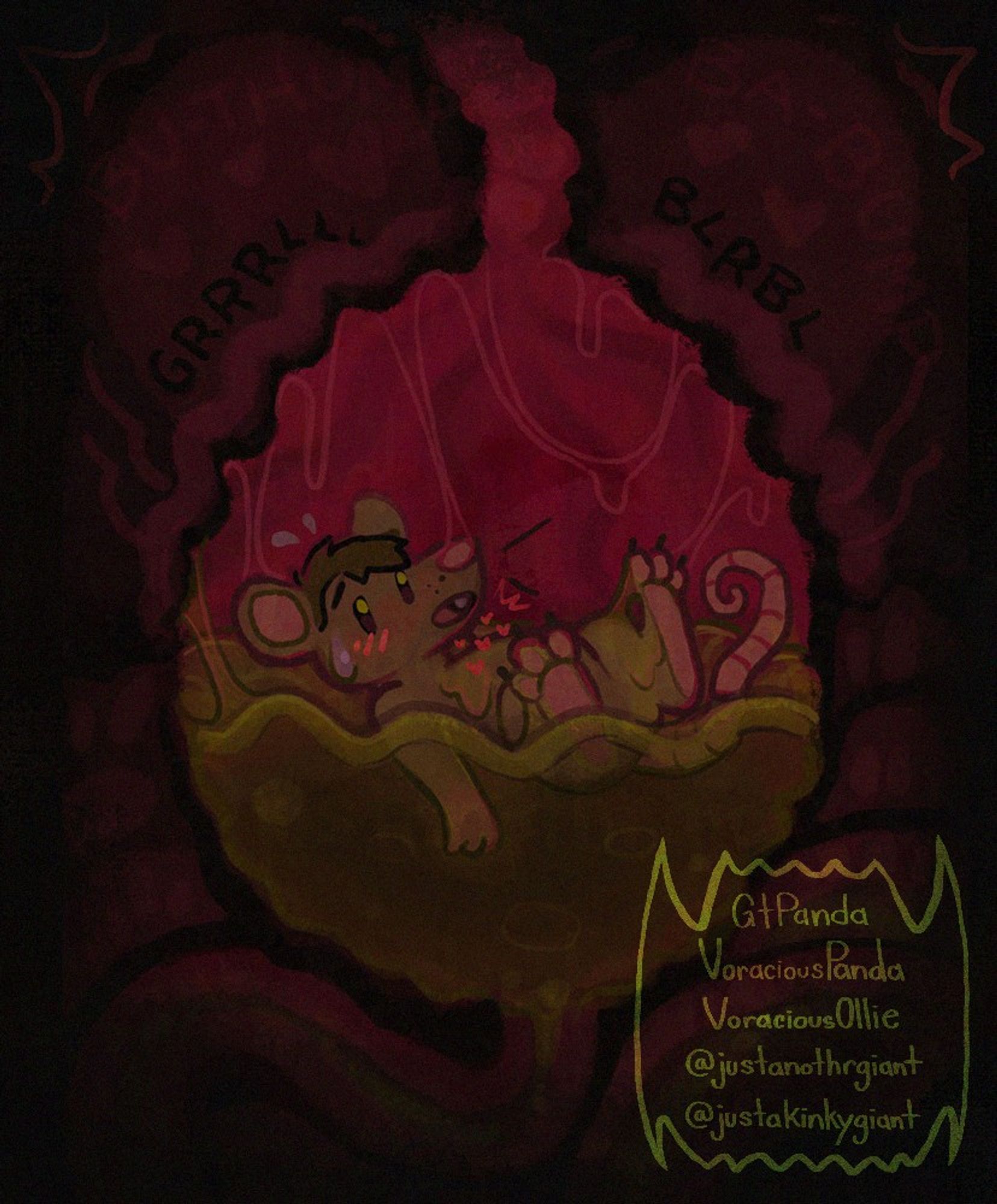 A stylized/cartoonish drawing of a surprised but happy little brown mouse in a stomach blushing with little hearts floating above his chest. He floats on the surface of wavy green stomach fluids, in a rounded wavy pink stomach that drips saliva. The ridged throat above him fades into the background above him, with even more subtle winding intestines, and a large heart shape behind the stomach. Heartbeat and stomach growling sound effects are written into the piece.